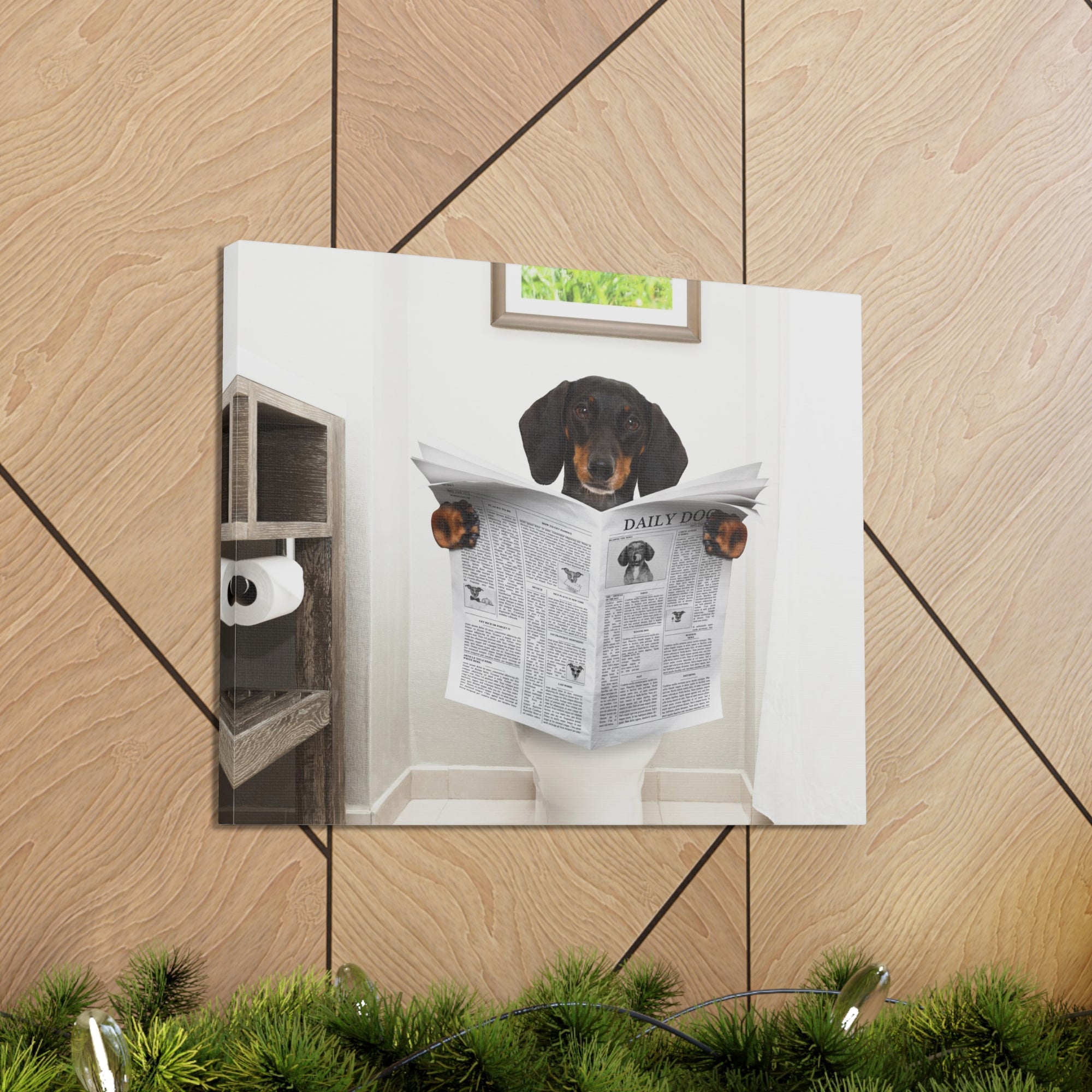 Dachshund Or Sausage Dog Reading Newspaper On Toilet Funny Canvas Wall Art for Home Decor Ready-to-Hand-Express Your Love Gifts