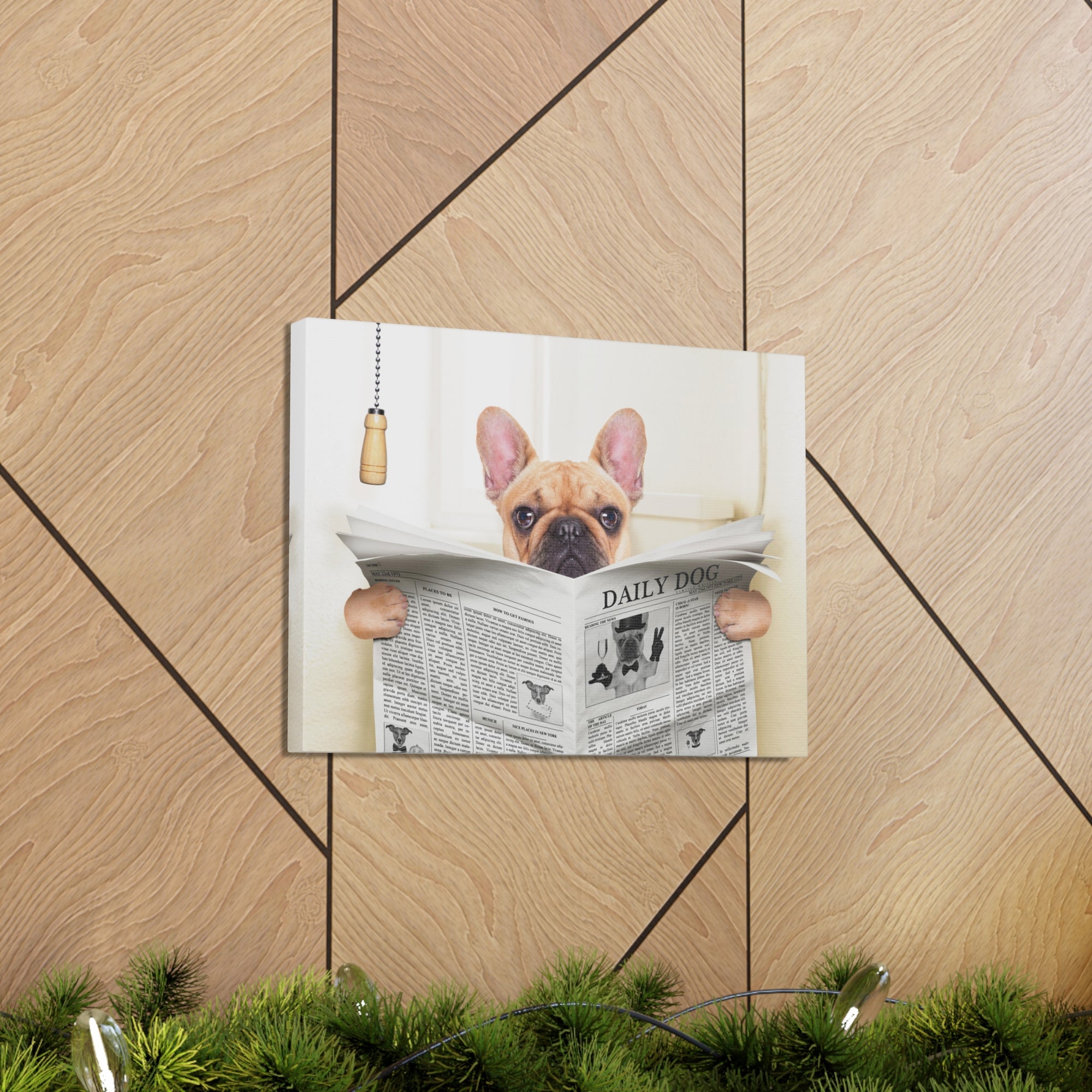 Fawn French Bulldog Reading Newspaper On Toilet Funny Canvas Wall Art for Home Decor Ready-to-Hand-Express Your Love Gifts