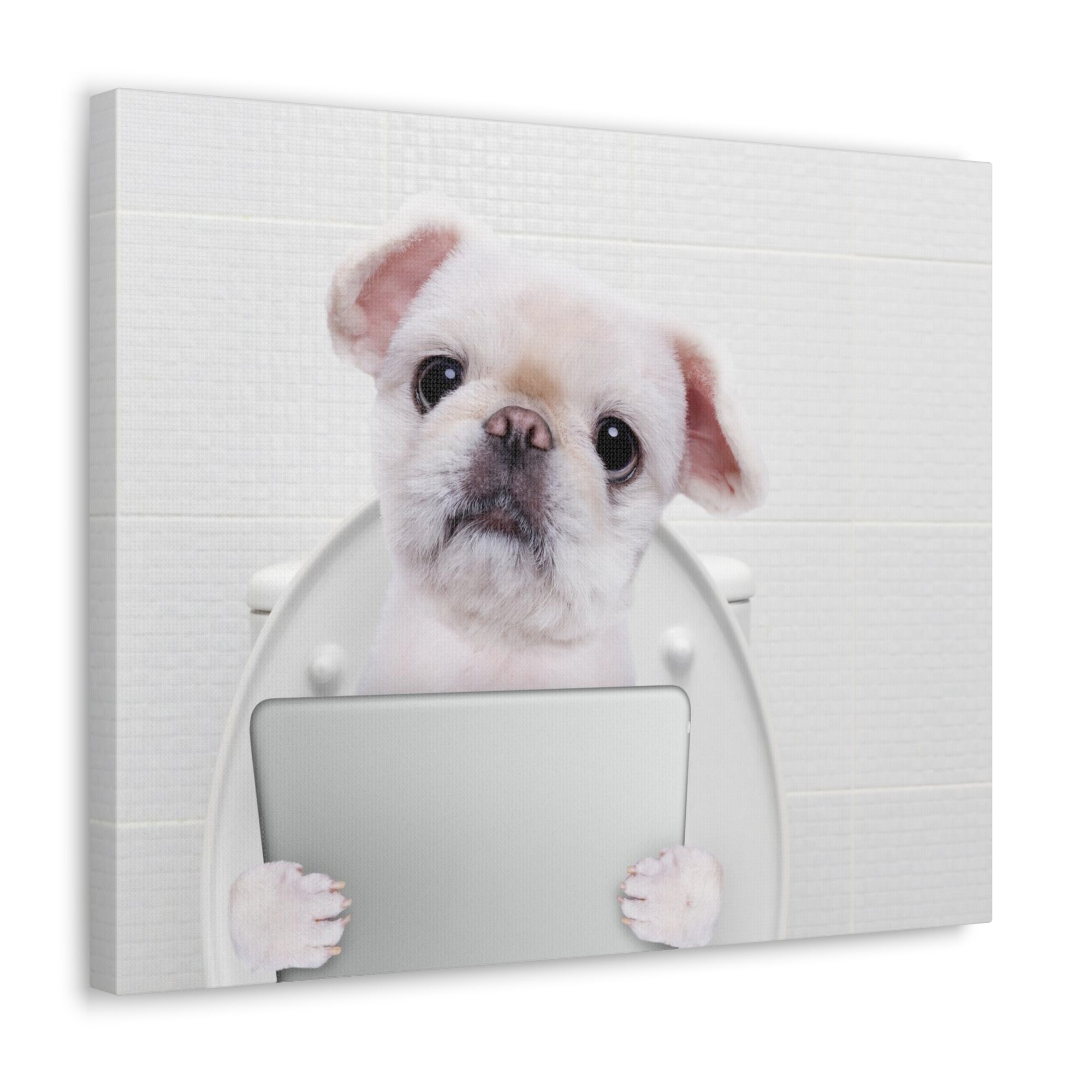 Cute Dog Holding Tablet PC Sitting On Toilet Funny Canvas Wall Art for Home Decor Ready-to-Hand-Express Your Love Gifts