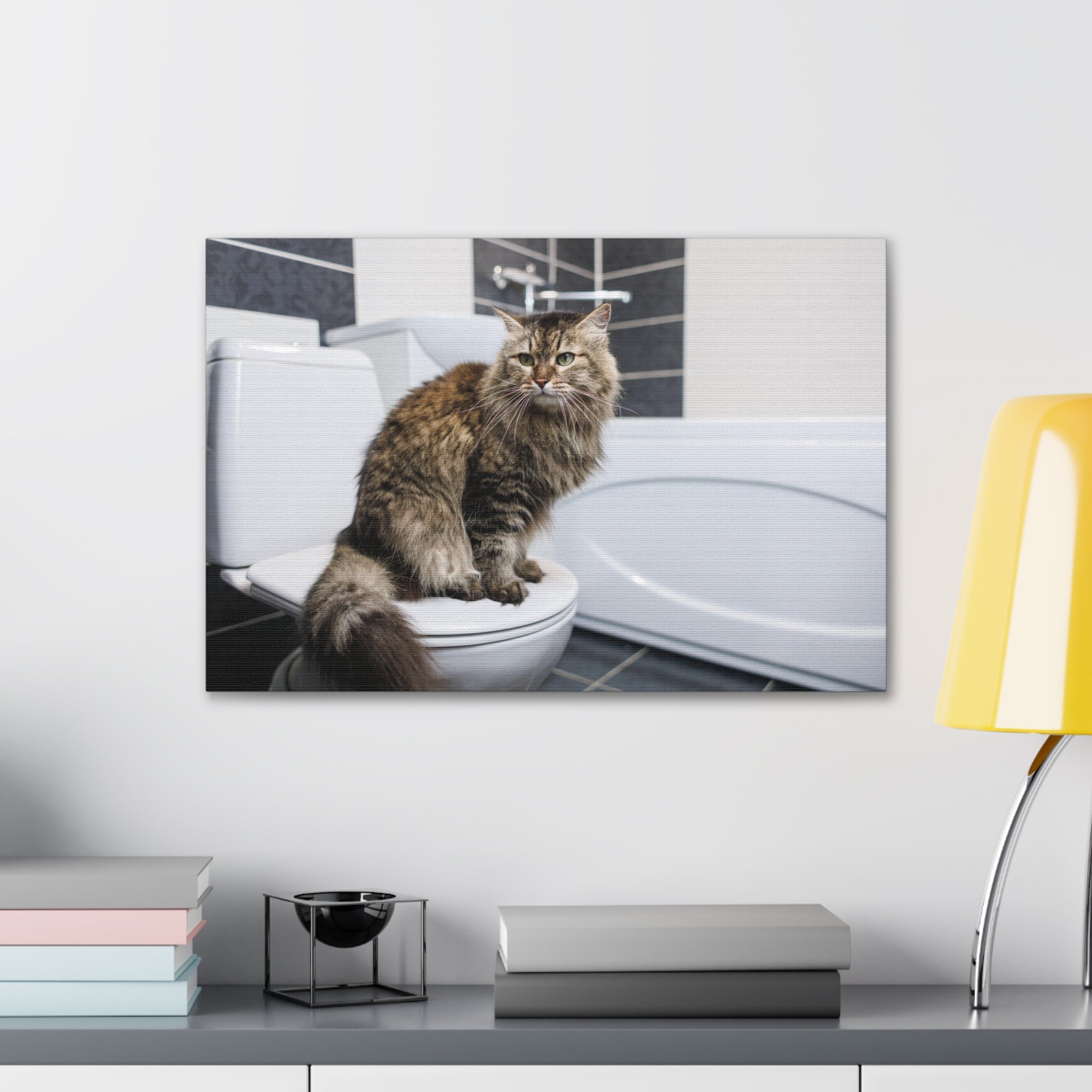 Cute Cat Sitting On Toilet Funny Canvas Wall Art for Home Decor Ready-to-Hand-Express Your Love Gifts