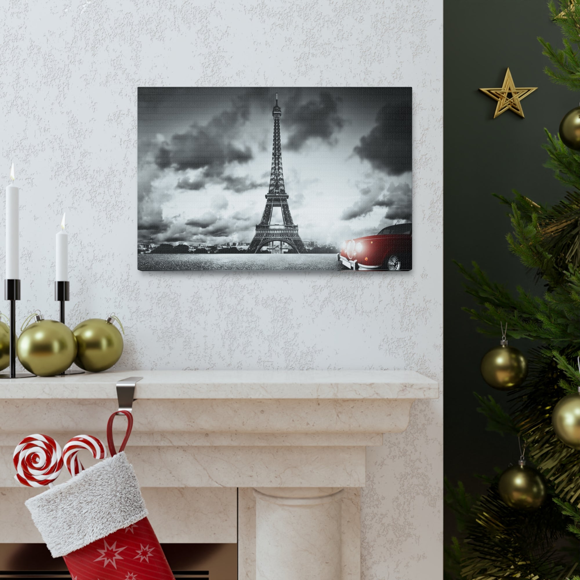 Artistic Image of Eiffel Tower And Red Retro Car Paris Eiffel Tower Couple France Canvas Artwork High-Quality Breathtaking French City for Home Decor Ready to Hang-Express Your Love Gifts