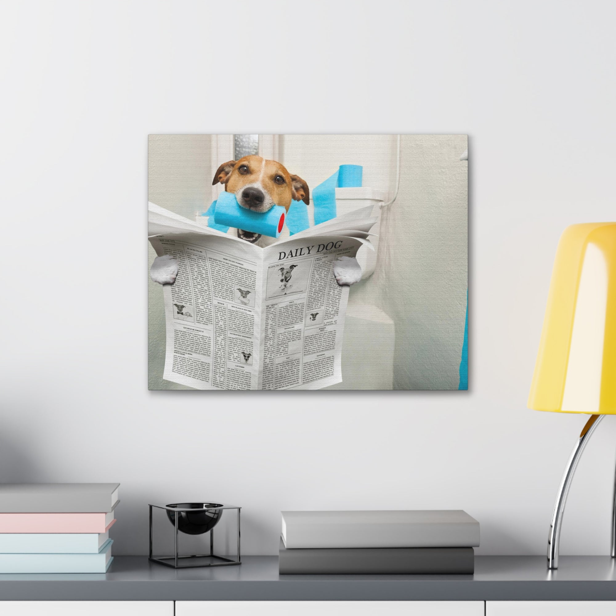 Jack Russell Terrier Biting Tissue Reading Newspaper On Toilet Funny Canvas Wall Art for Home Decor Ready-to-Hand-Express Your Love Gifts