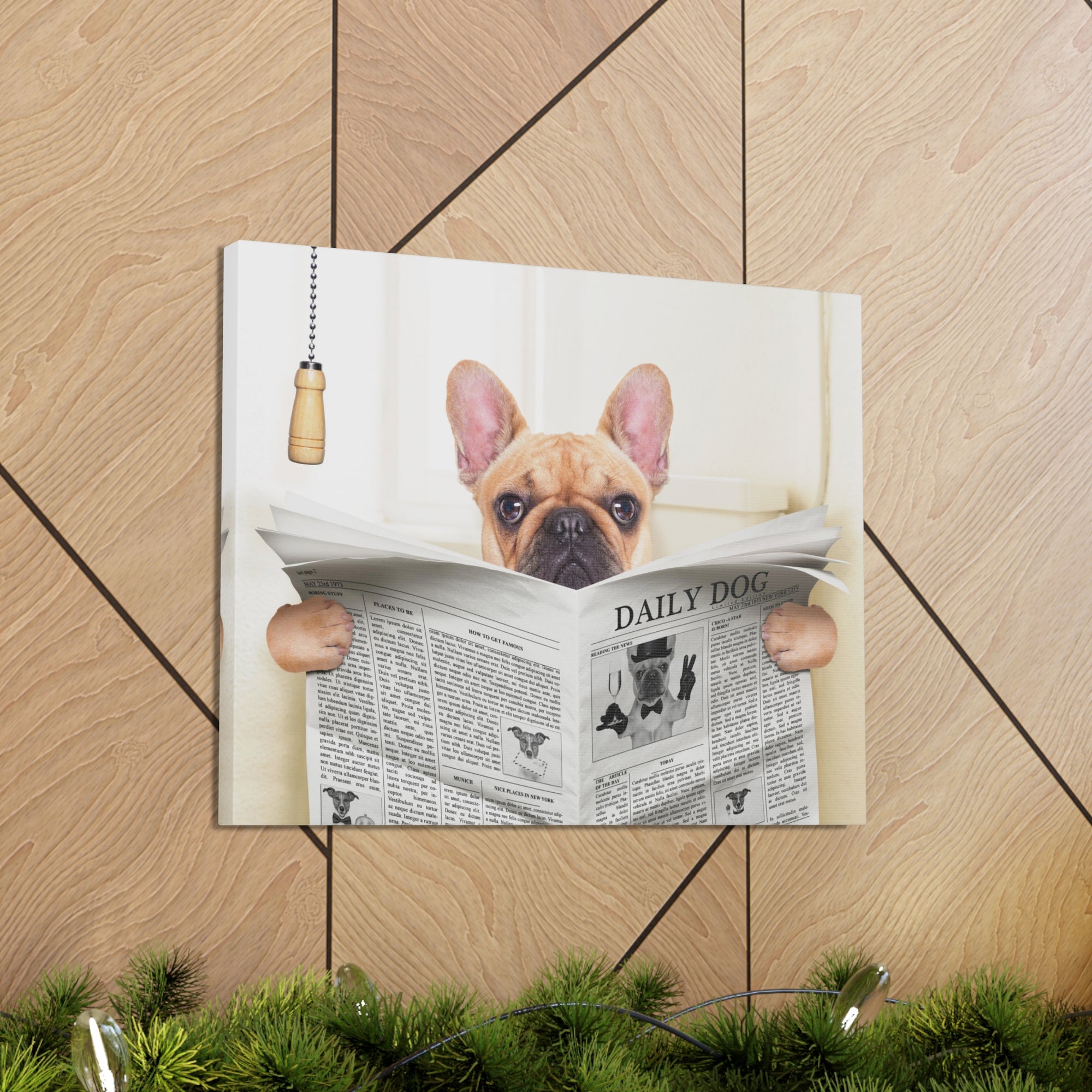 Fawn French Bulldog Reading Newspaper On Toilet Funny Canvas Wall Art for Home Decor Ready-to-Hand-Express Your Love Gifts