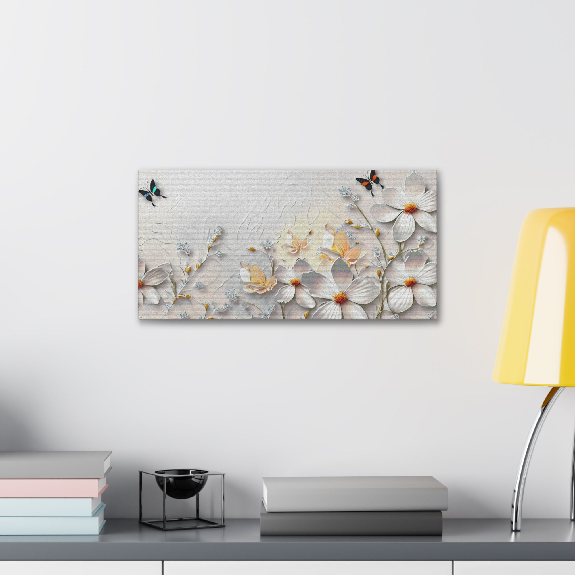 3D Abstract Small And Large White Flowers With Butterflies Oil Painting Canvas Wall Art for Home Decor Ready-to-Hang-Express Your Love Gifts