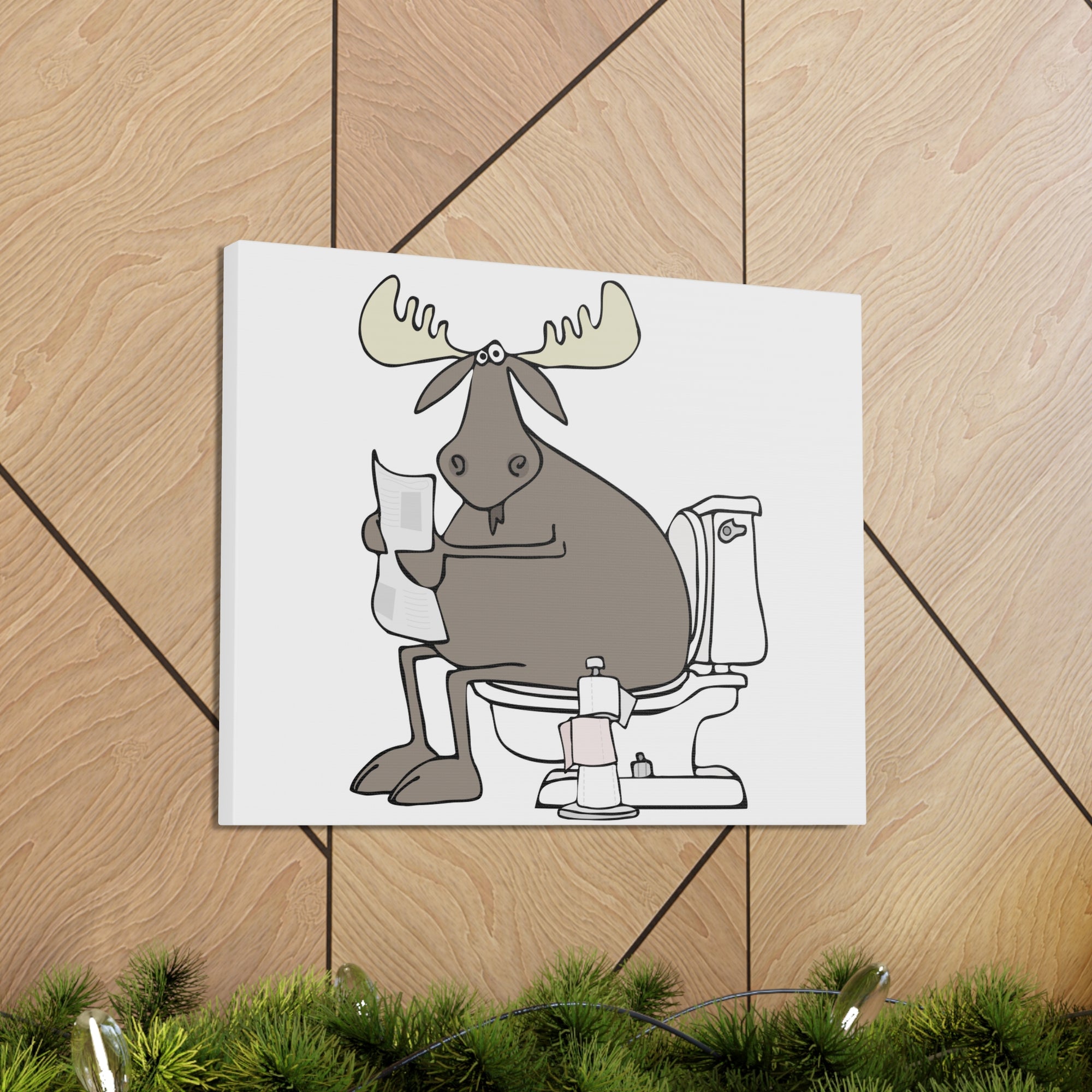 Moose Reading Newspaper On Toilet Funny Canvas Wall Art for Home Decor Ready-to-Hand-Express Your Love Gifts