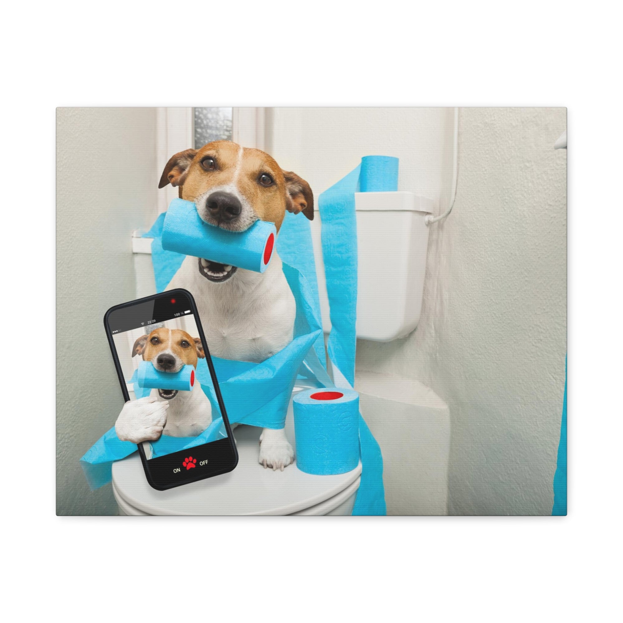 Jack Russell Terrier Holding Phone On Toilet Funny Canvas Wall Art for Home Decor Ready-to-Hand-Express Your Love Gifts