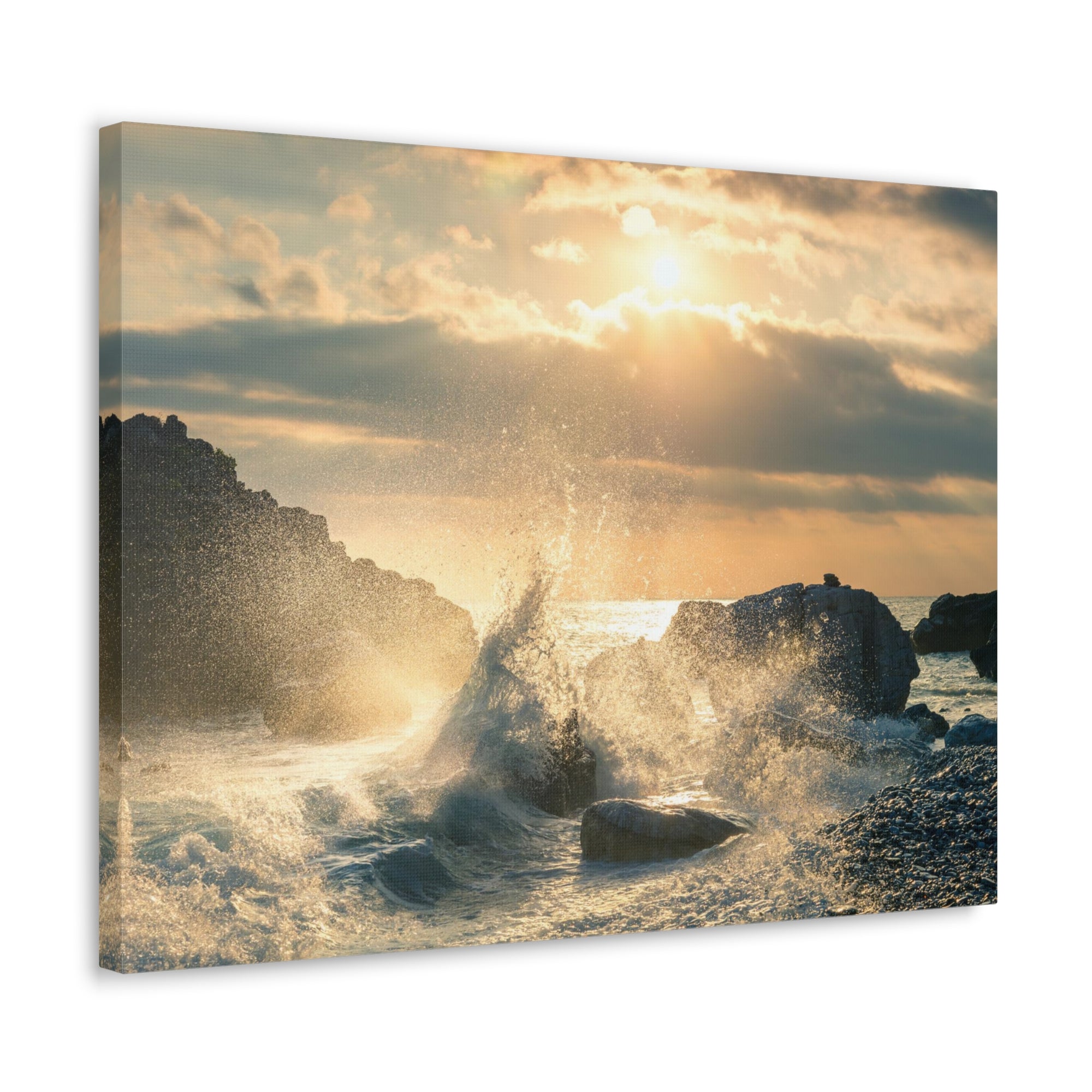 Big Wave Hit Rock At Beach Sunset Seascape Ocean Canvas Wall Art for Home Decor Ready-to-Hang-Express Your Love Gifts