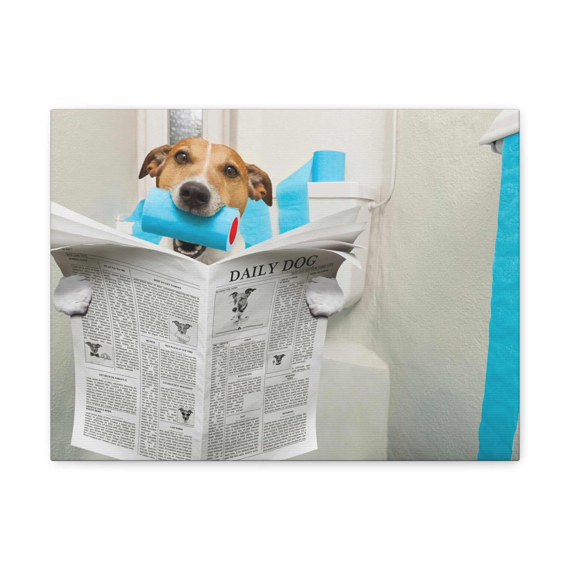 Jack Russell Terrier Biting Tissue Reading Newspaper On Toilet Funny Canvas Wall Art for Home Decor Ready-to-Hand-Express Your Love Gifts