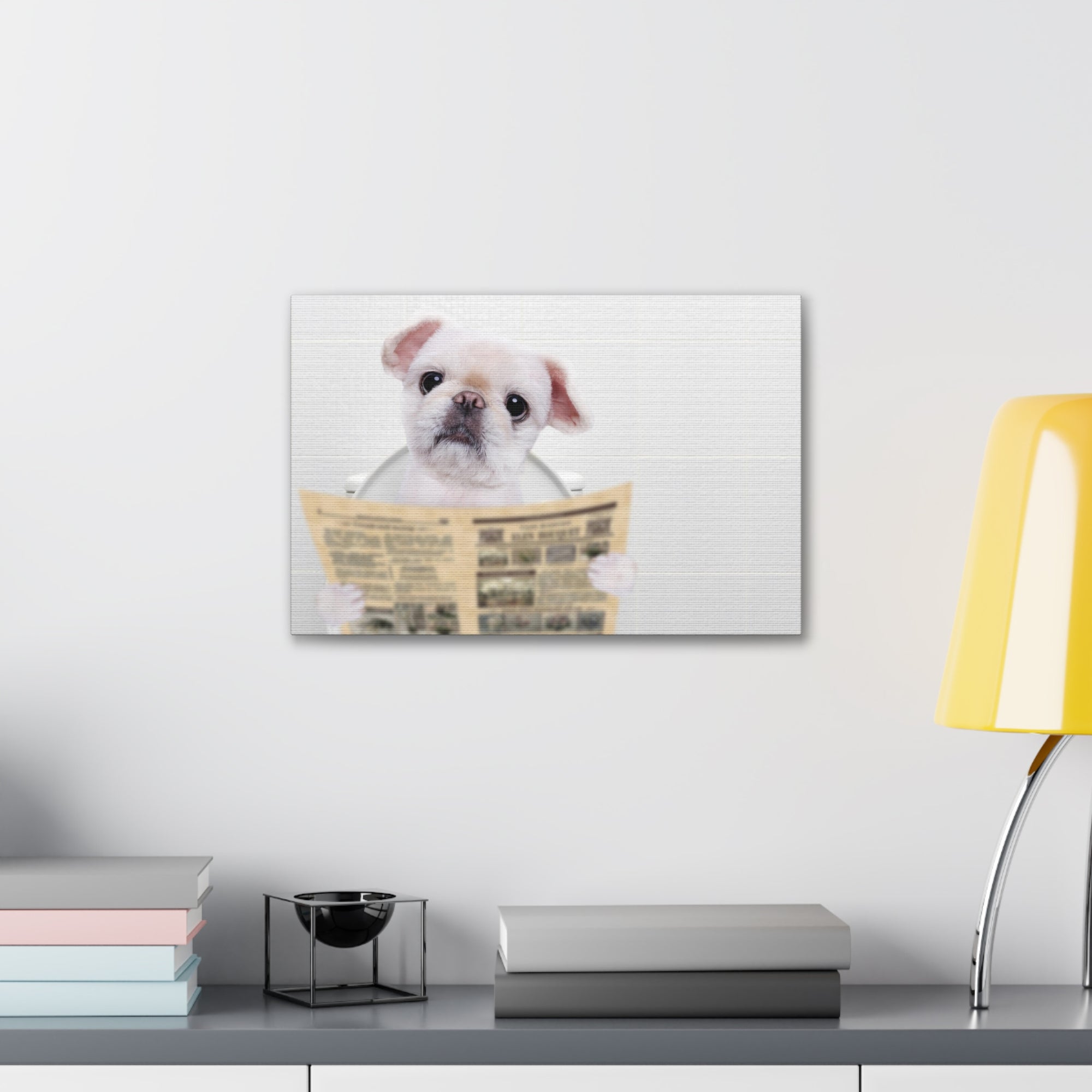 Cute Dog Reading Newspaper On Toilet Funny Canvas Wall Art for Home Decor Ready-to-Hand-Express Your Love Gifts