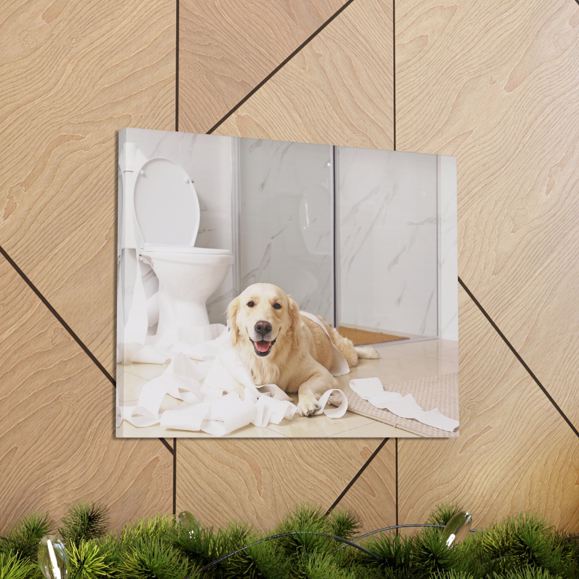 Cute Golden Labrador Retriever Playing On Toilet Funny Canvas Wall Art for Home Decor Ready-to-Hand-Express Your Love Gifts