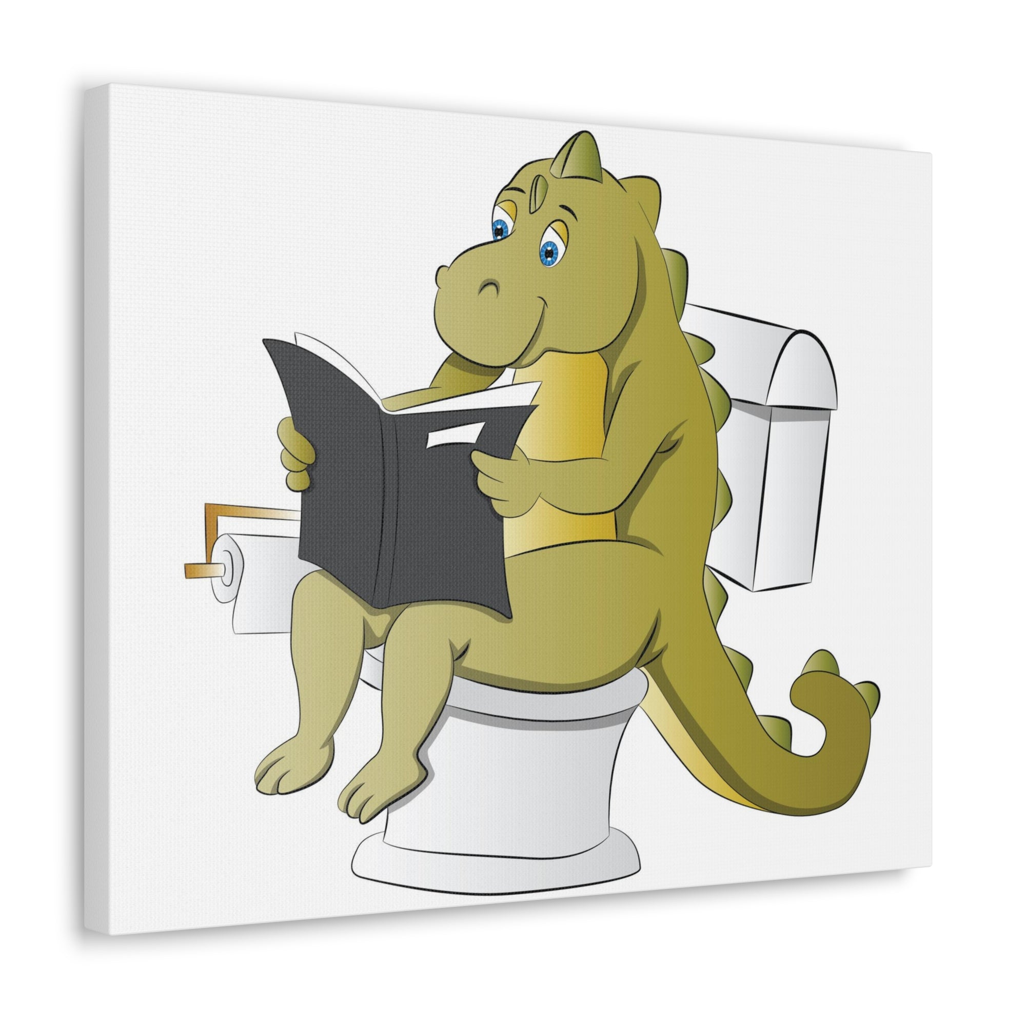 Dinosaur Sitting Reading Newspaper On Toilet Funny Canvas Wall Art for Home Decor Ready-to-Hand-Express Your Love Gifts