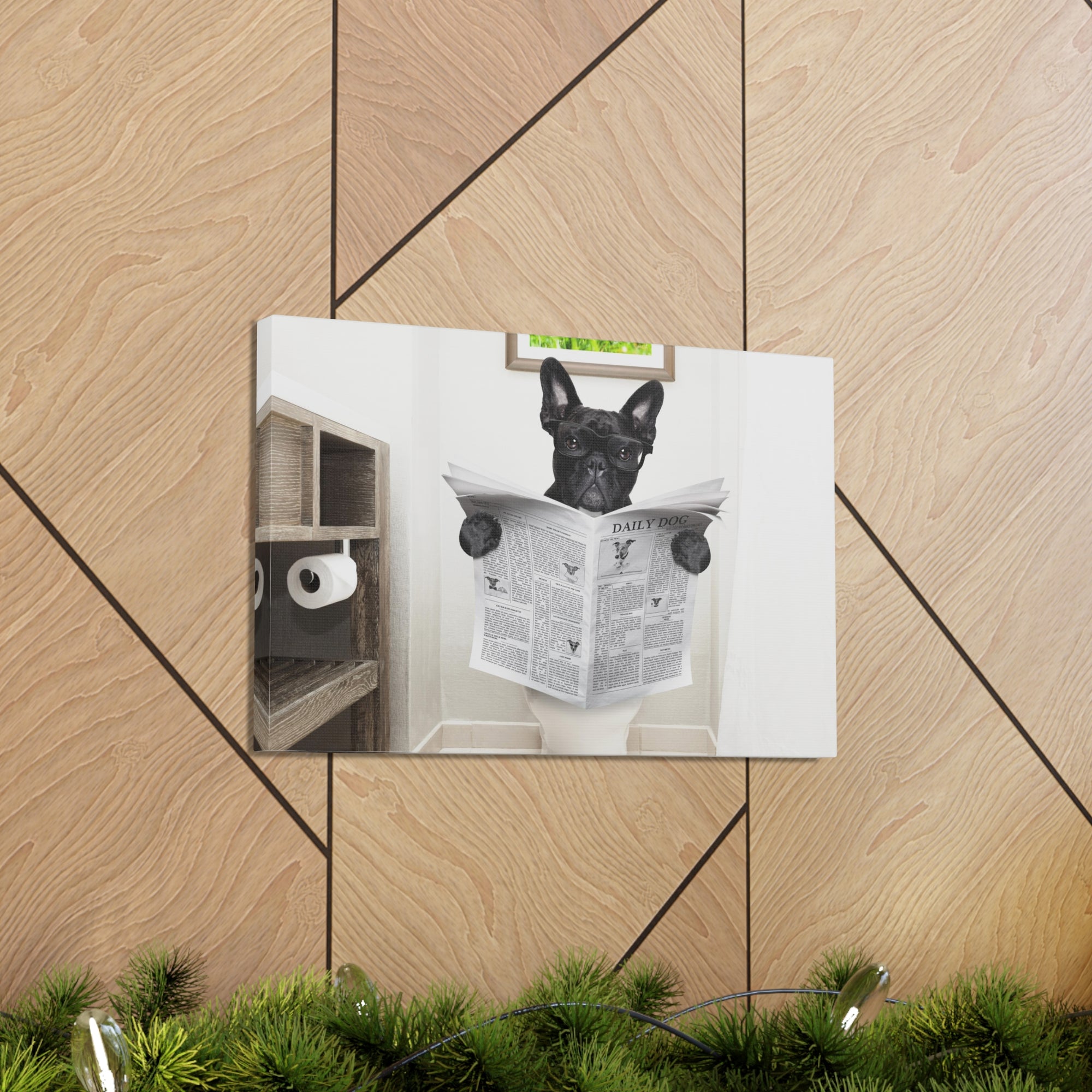 French Bulldog Reading Newspaper On Toilet Funny Canvas Wall Art for Home Decor Ready-to-Hand-Express Your Love Gifts