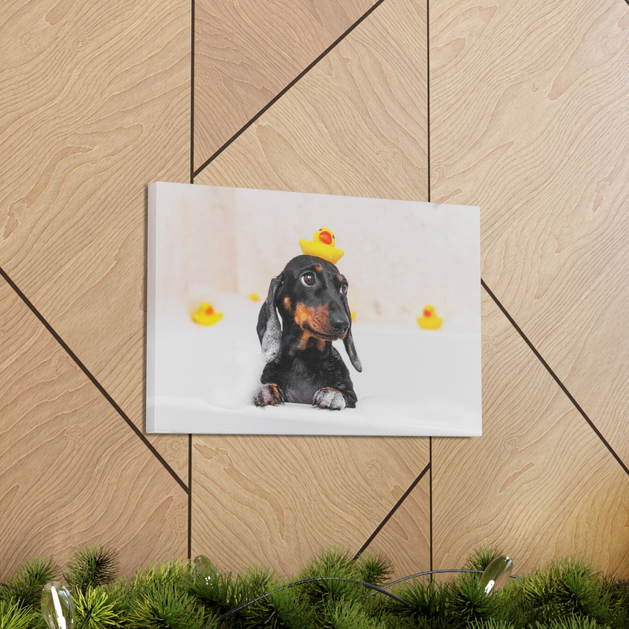 Dachshund In Bathtub With Yellow Duck On Toilet Funny Canvas Wall Art for Home Decor Ready-to-Hand-Express Your Love Gifts