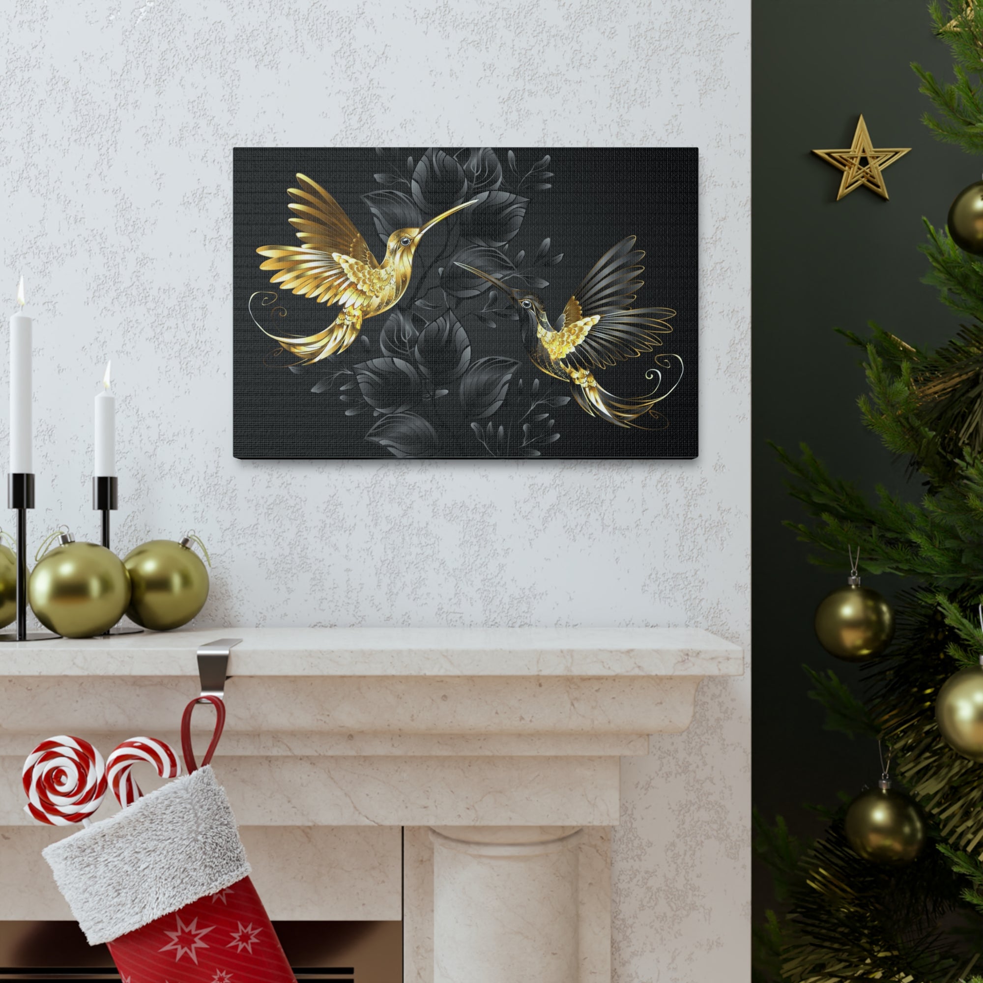 Black Gold Jewelry Hummingbirds With Flowers Canvas Wall Art for Home Decor Ready-to-Hang-Express Your Love Gifts