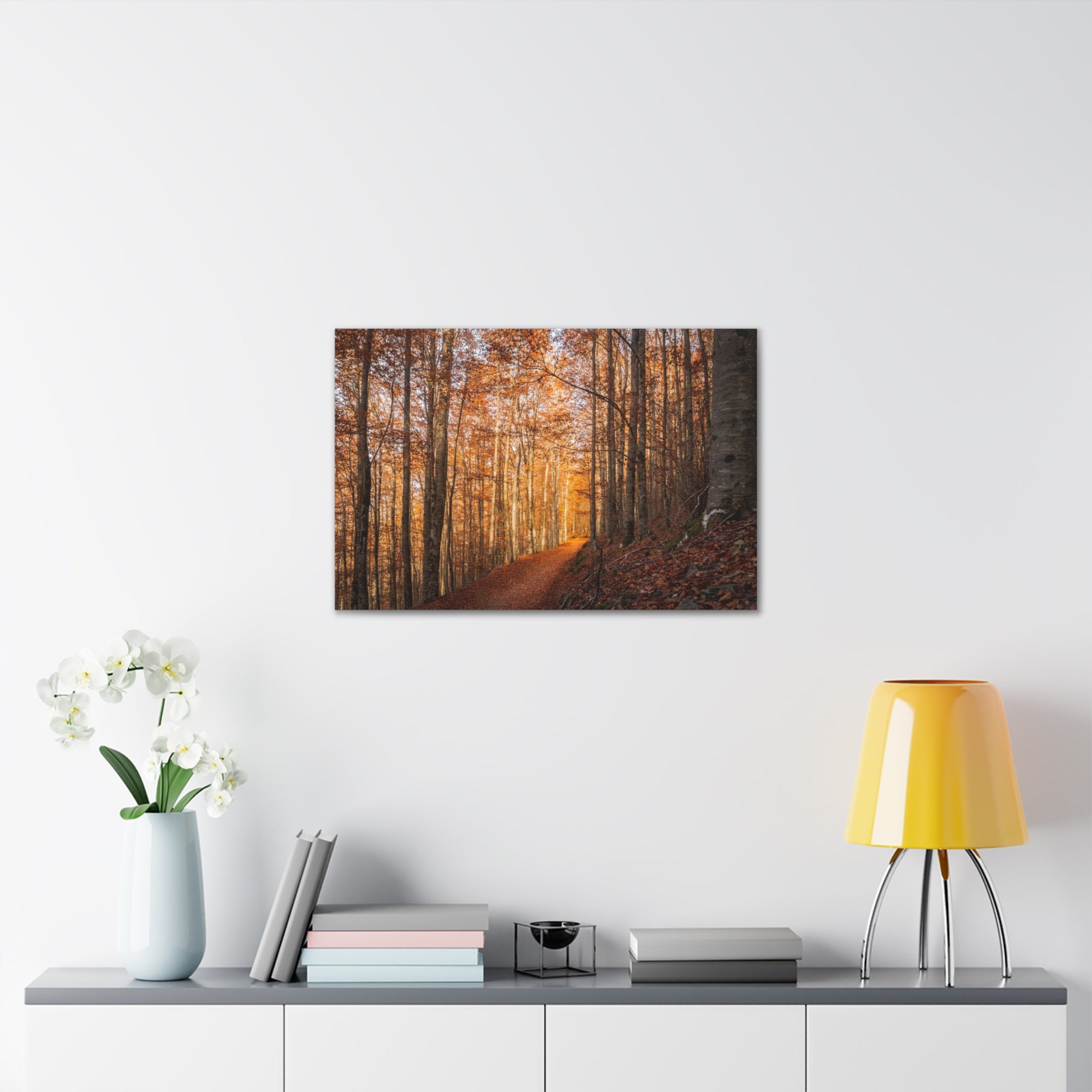 Autumn Forest Tree Trail With Yellow Leaves Nature Wilderness Photography Canvas Wall Art for Home Decor Ready-to-Hang-Express Your Love Gifts