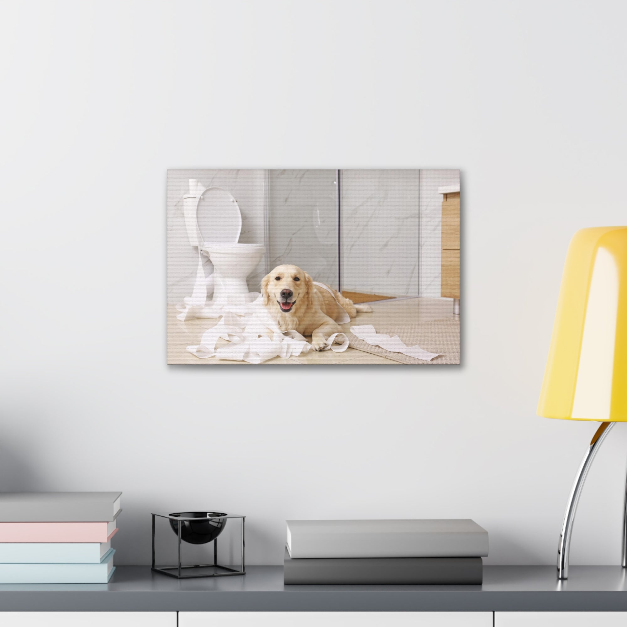 Cute Golden Labrador Retriever Playing On Toilet Funny Canvas Wall Art for Home Decor Ready-to-Hand-Express Your Love Gifts