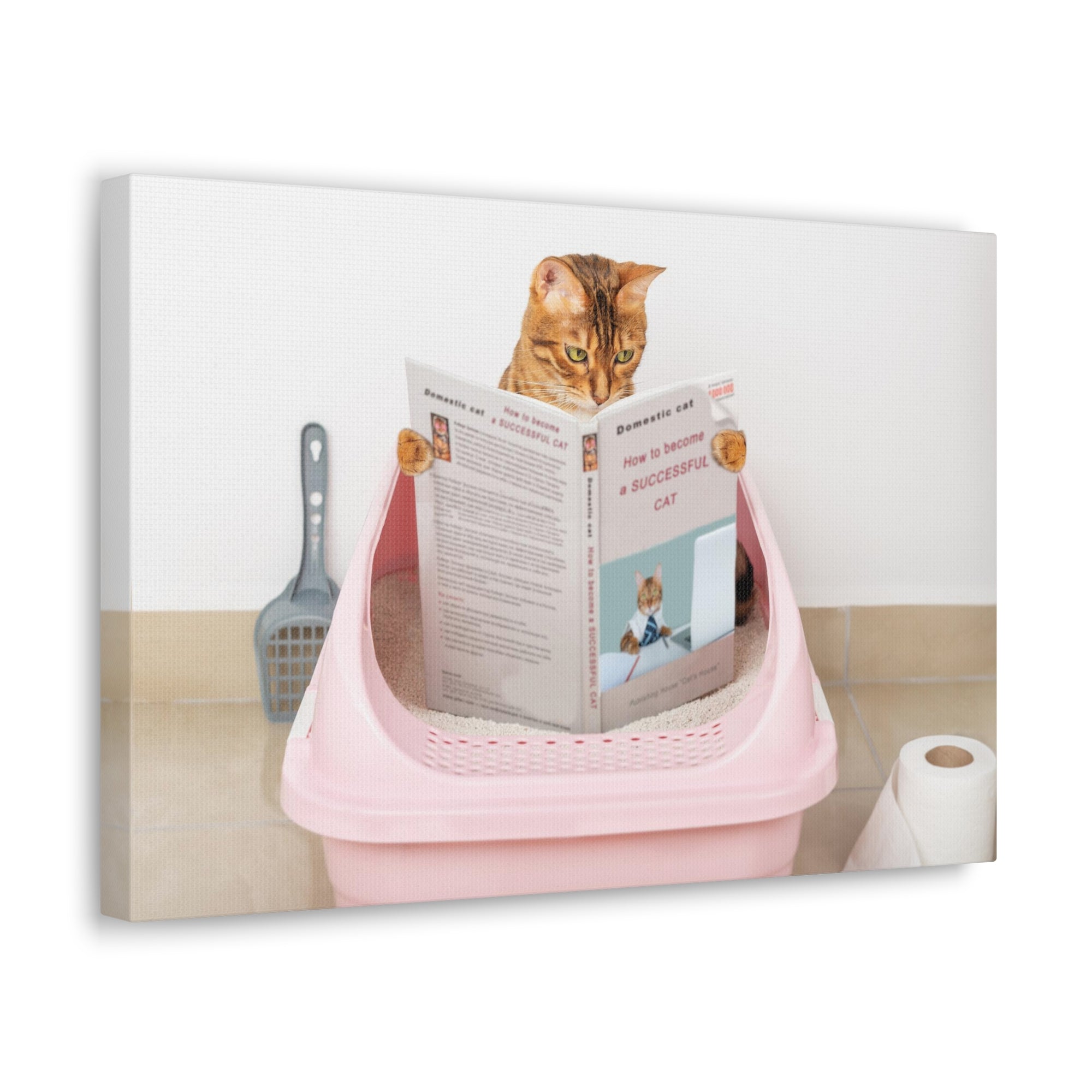 Brown Cat Reading A Book Sitting On Toilet Funny Canvas Wall Art for Home Decor Ready-to-Hand-Express Your Love Gifts