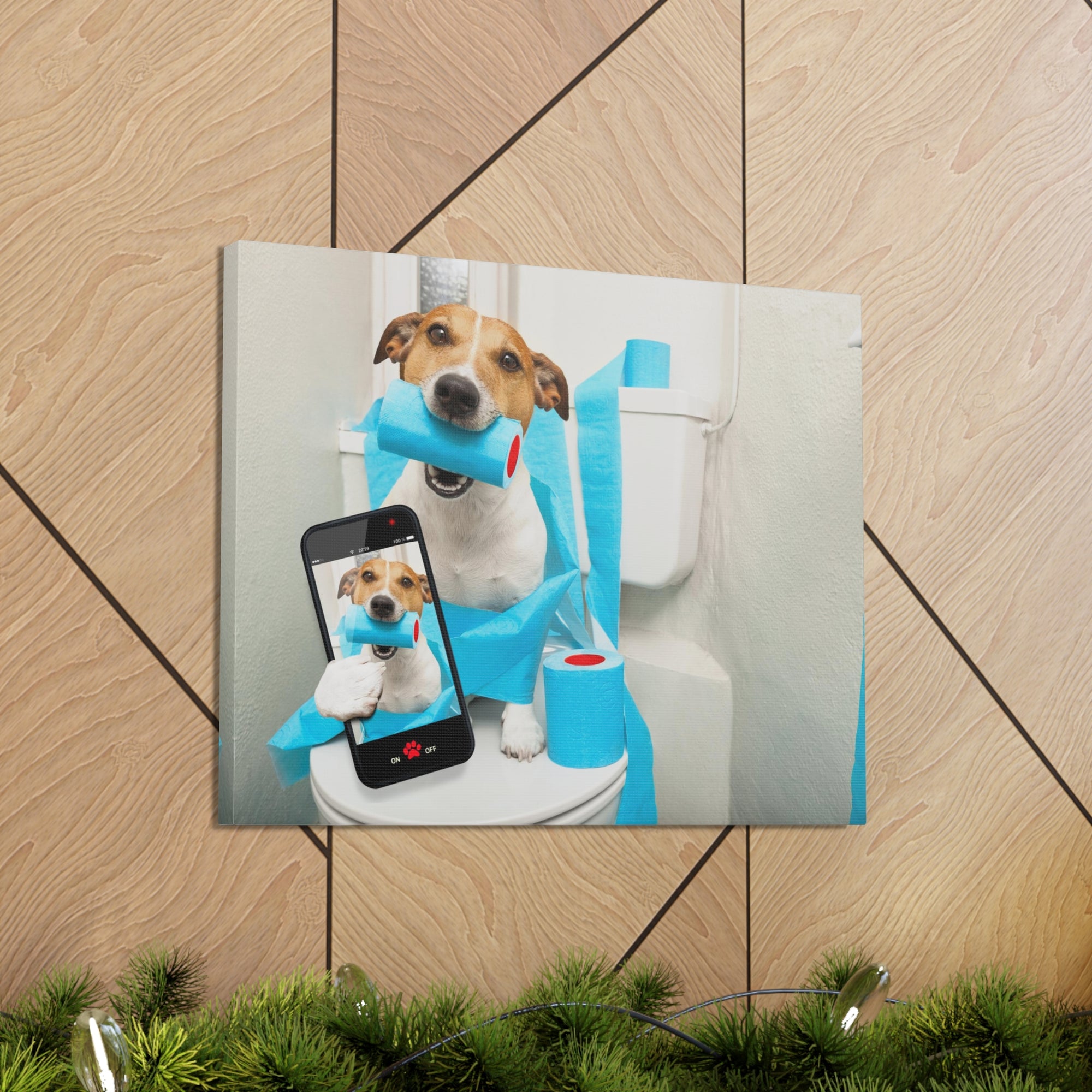 Jack Russell Terrier Holding Phone On Toilet Funny Canvas Wall Art for Home Decor Ready-to-Hand-Express Your Love Gifts