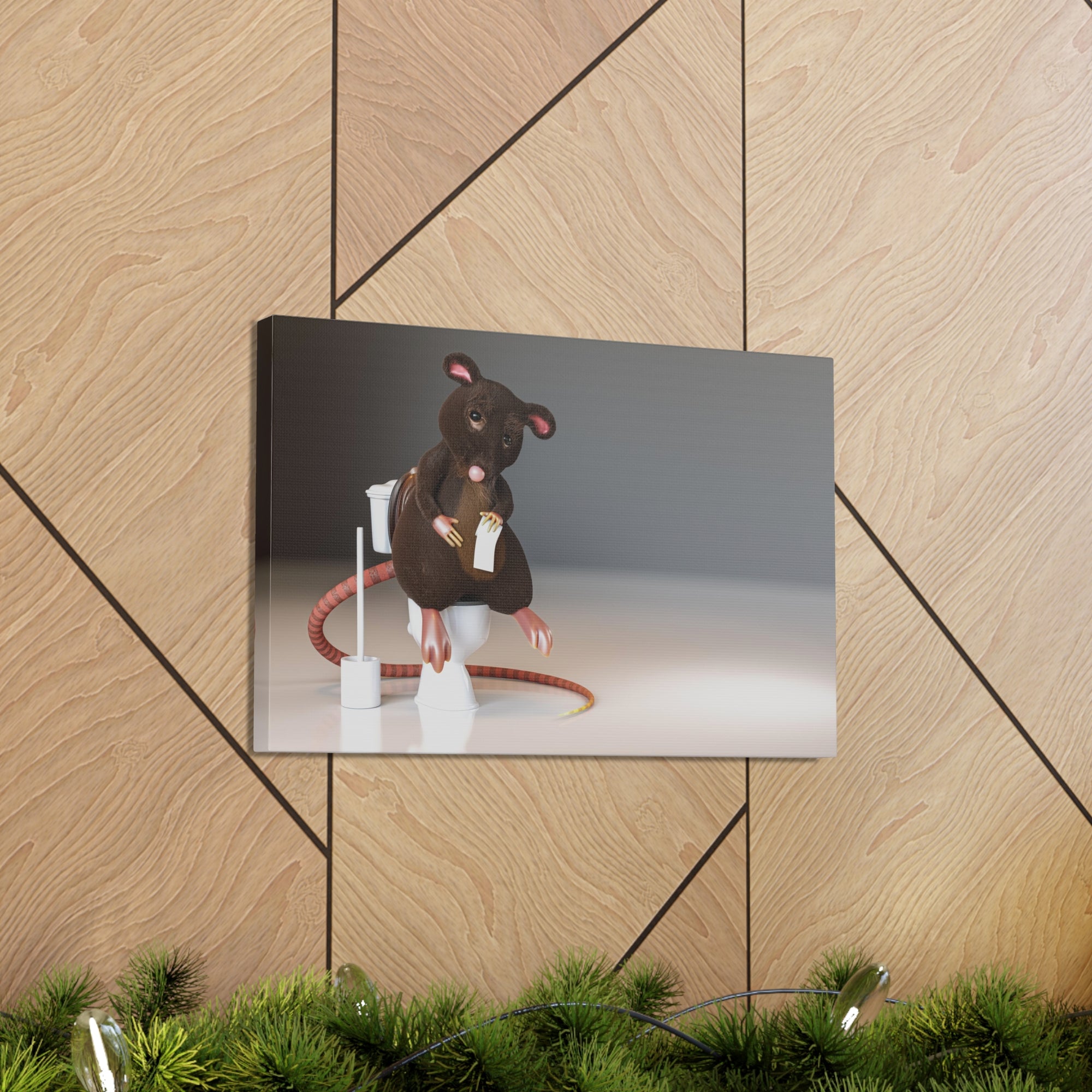 Cute Rat Holding Paper Roll Sitting On Toilet Funny Canvas Wall Art for Home Decor Ready-to-Hand-Express Your Love Gifts