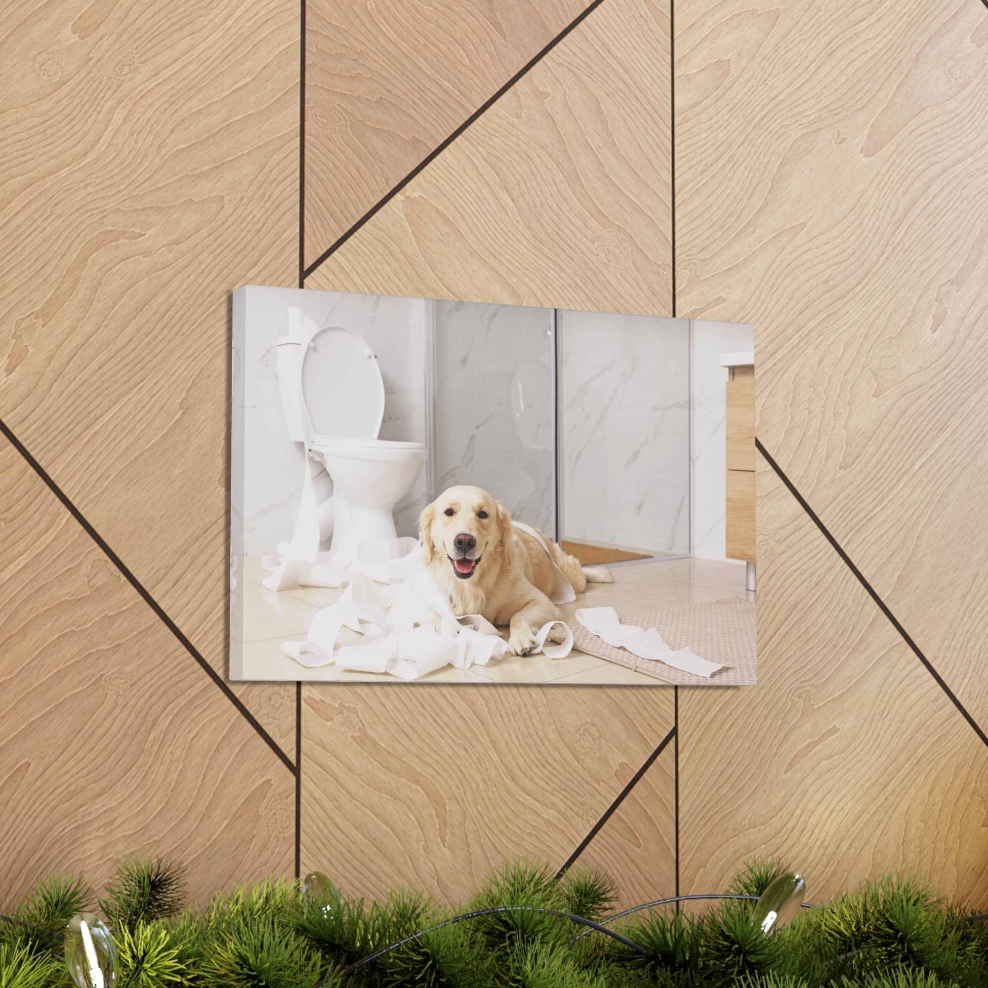 Cute Golden Labrador Retriever Playing On Toilet Funny Canvas Wall Art for Home Decor Ready-to-Hand-Express Your Love Gifts