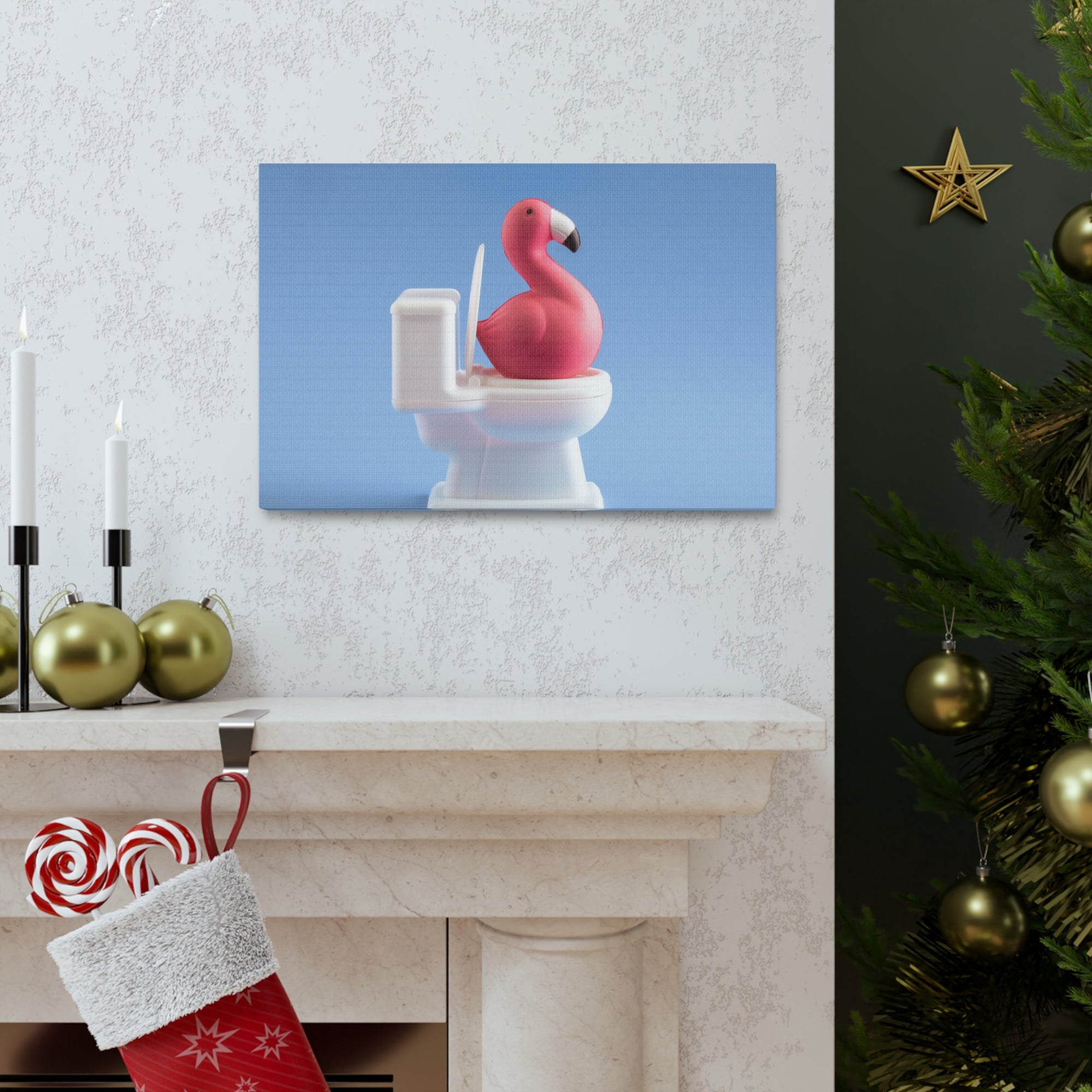 Cute Pink Flamingo Sitting On Toilet Funny Canvas Wall Art for Home Decor Ready-to-Hand-Express Your Love Gifts