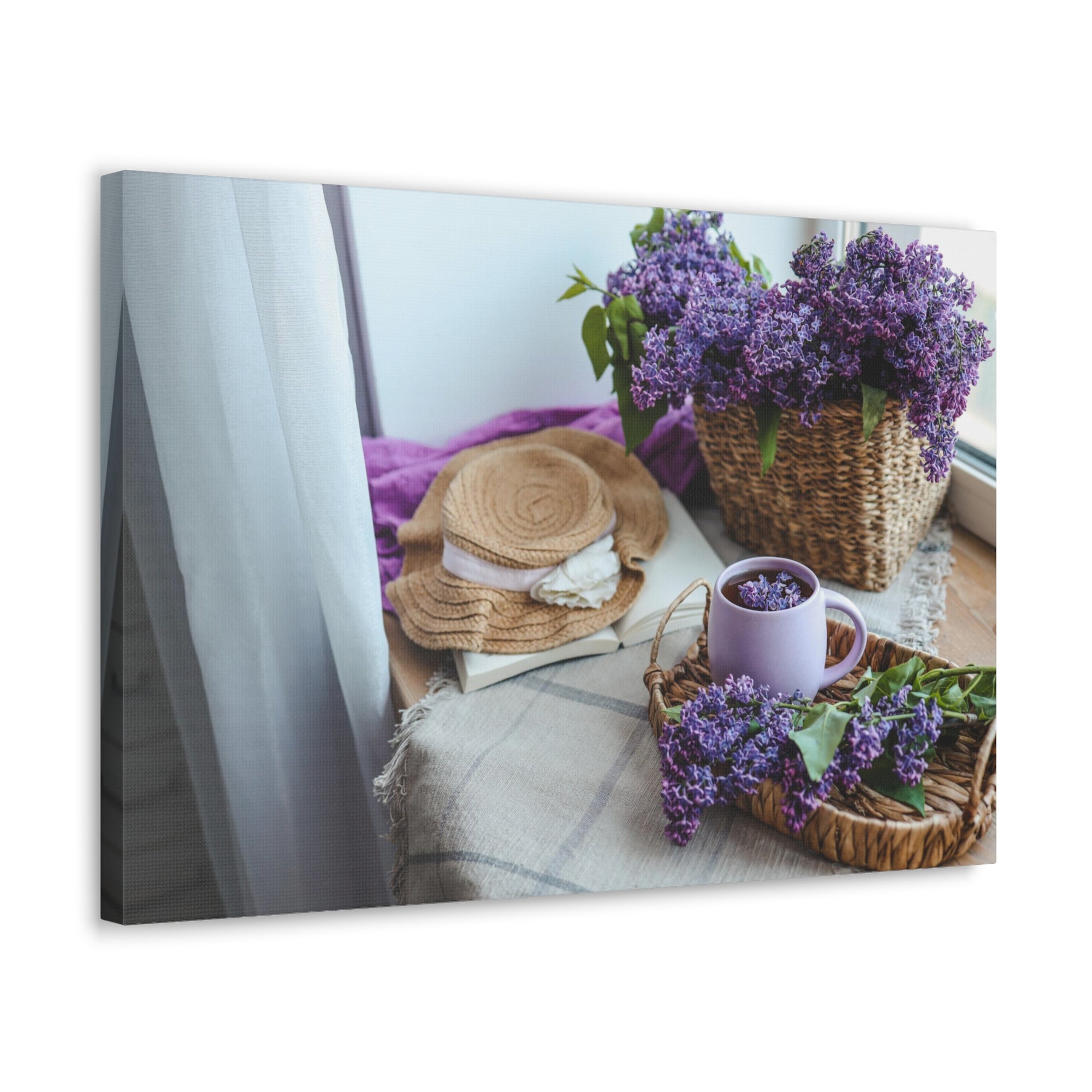 Basket Of Lilacs Straw Hat Teacup On Table Country Background Canvas Wall Art for Home Decor Ready-to-Hang-Express Your Love Gifts