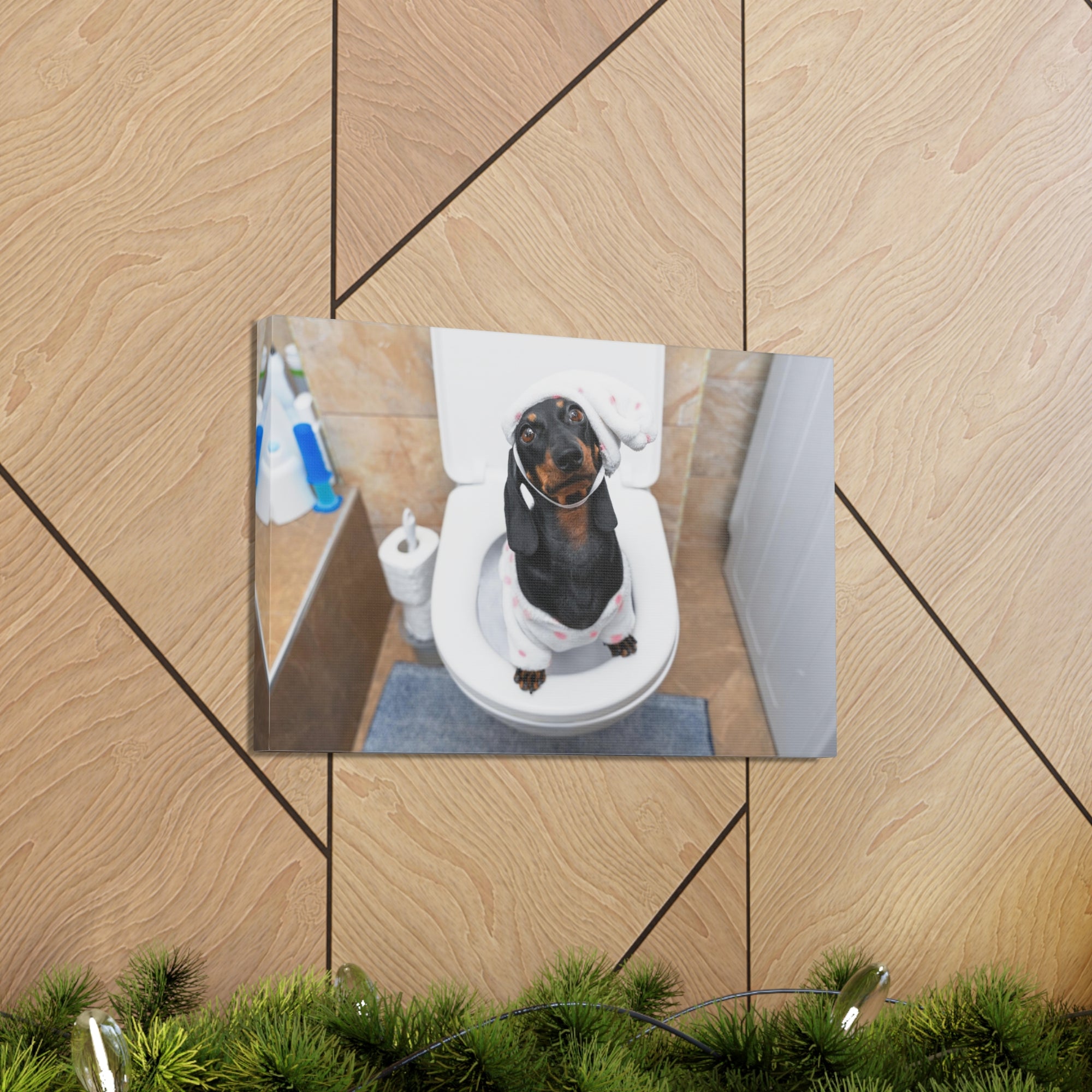 Dachshund Toilet Training In Pajamas On Toilet Funny Canvas Wall Art for Home Decor Ready-to-Hand-Express Your Love Gifts