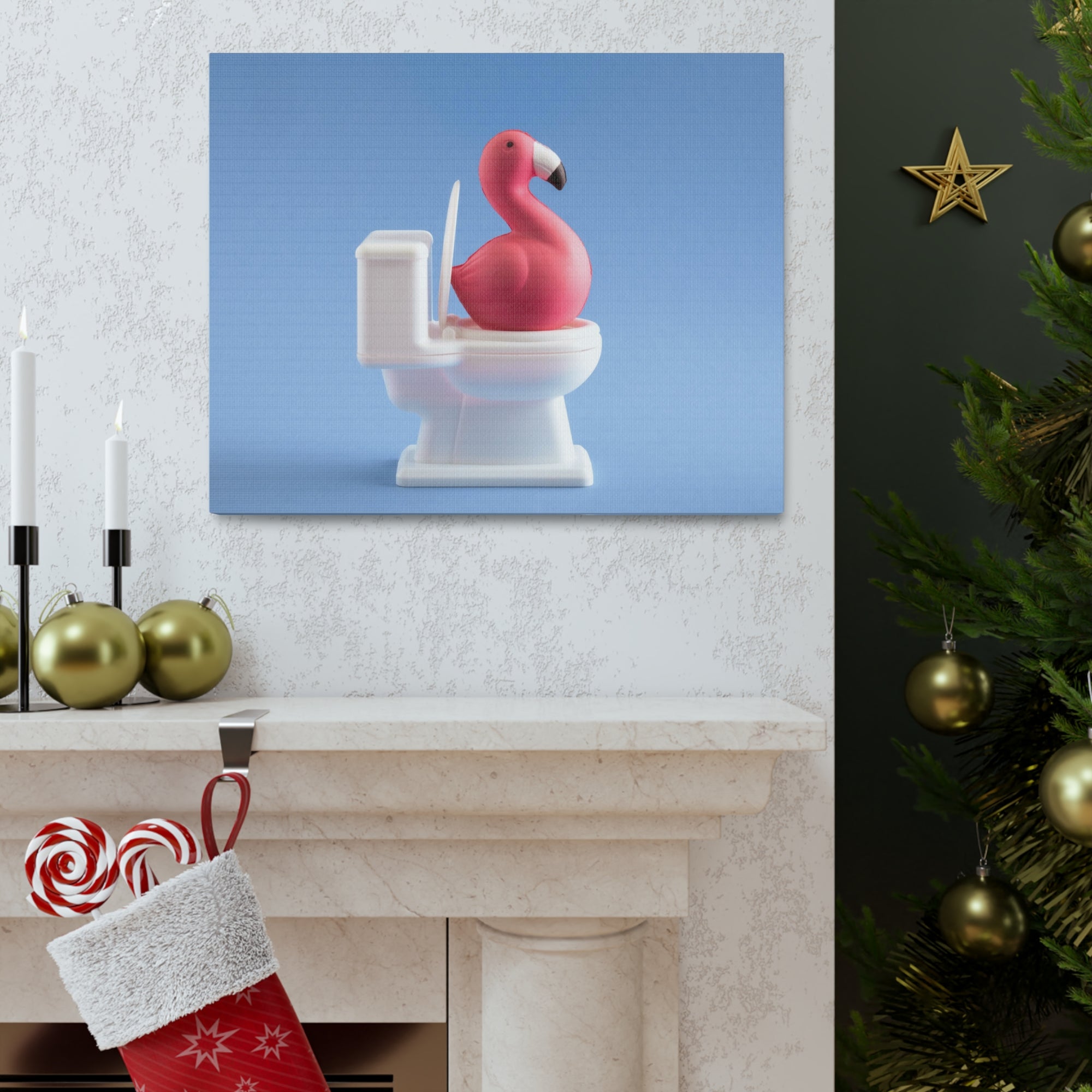 Cute Pink Flamingo Sitting On Toilet Funny Canvas Wall Art for Home Decor Ready-to-Hand-Express Your Love Gifts