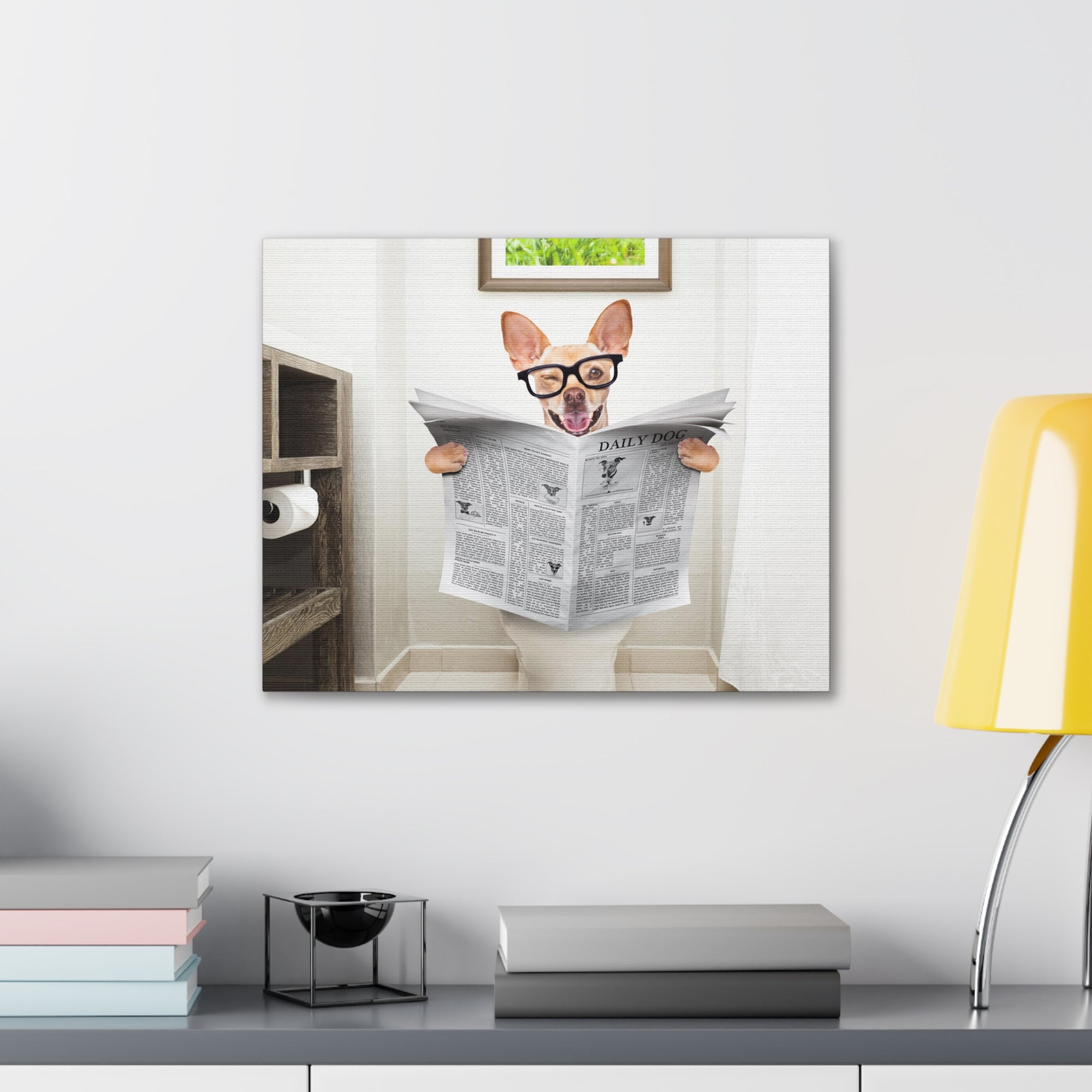 Funny Chihuahua Reading Newspaper On Toilet Funny Canvas Wall Art for Home Decor Ready-to-Hand-Express Your Love Gifts