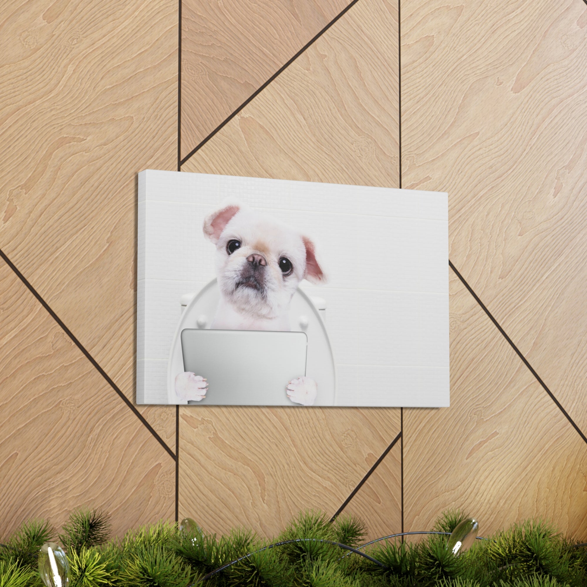 Cute Dog Holding Tablet PC Sitting On Toilet Funny Canvas Wall Art for Home Decor Ready-to-Hand-Express Your Love Gifts