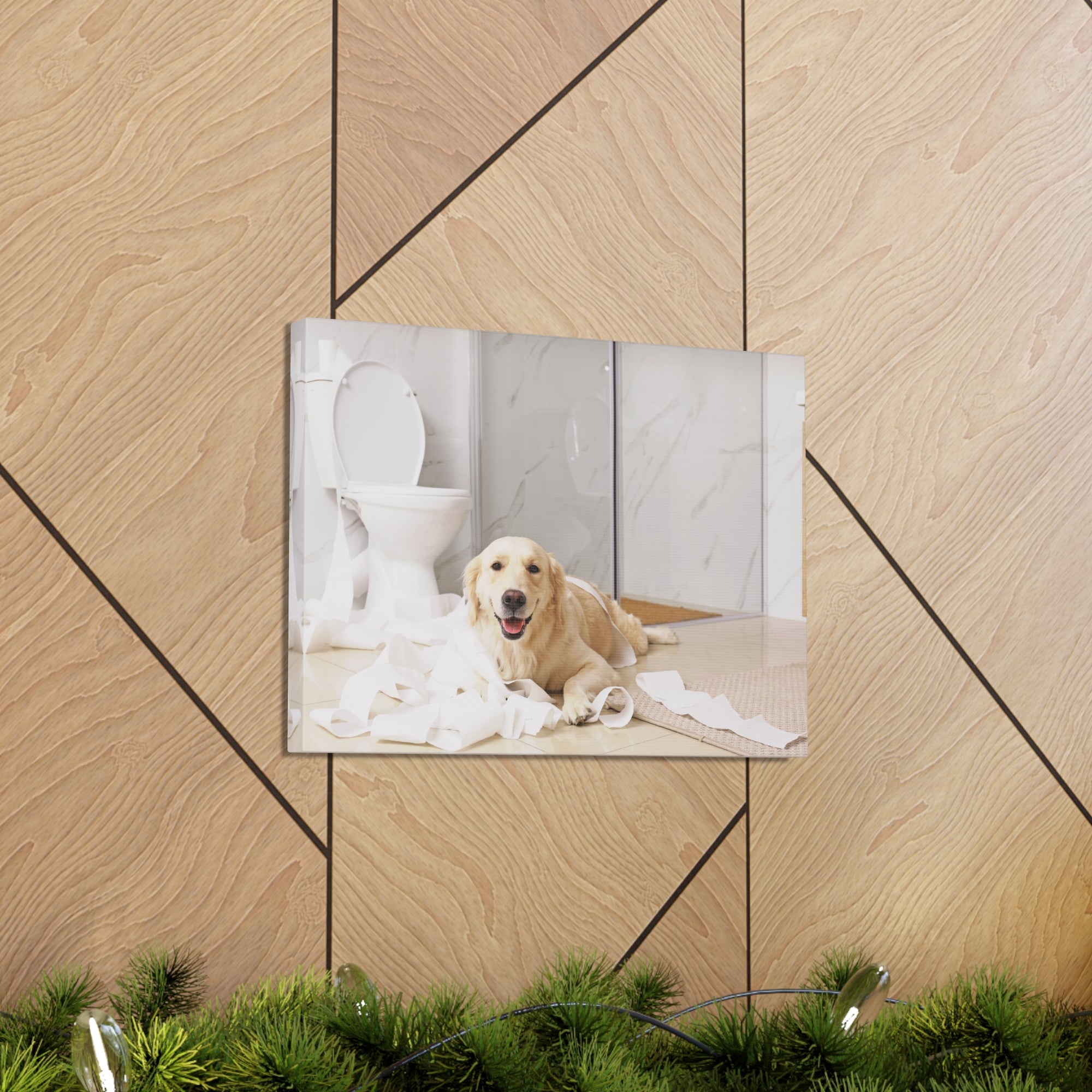 Cute Golden Labrador Retriever Playing On Toilet Funny Canvas Wall Art for Home Decor Ready-to-Hand-Express Your Love Gifts