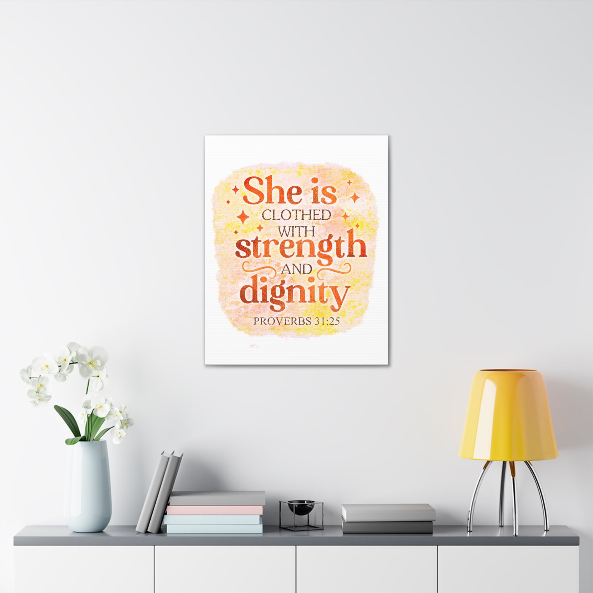 Scripture Walls Proverbs 31:25 Strength and Dignity Bible Verse Canvas Christian Wall Art Ready to Hang Unframed-Express Your Love Gifts