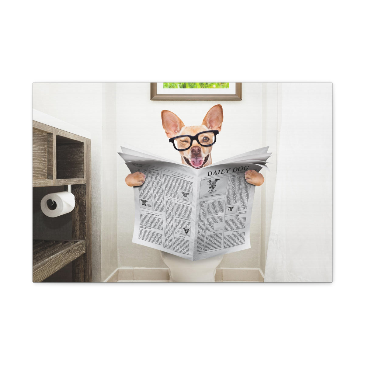 Funny Chihuahua Reading Newspaper On Toilet Funny Canvas Wall Art for Home Decor Ready-to-Hand-Express Your Love Gifts