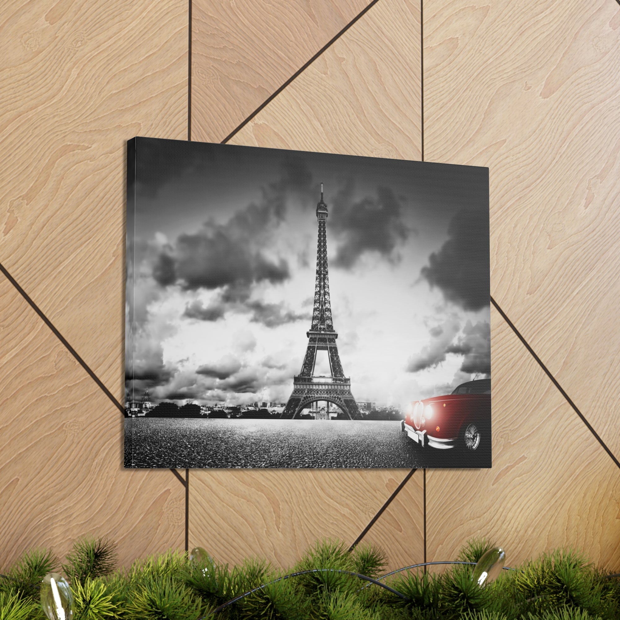 Artistic Image of Eiffel Tower And Red Retro Car Paris Eiffel Tower Couple France Canvas Artwork High-Quality Breathtaking French City for Home Decor Ready to Hang-Express Your Love Gifts