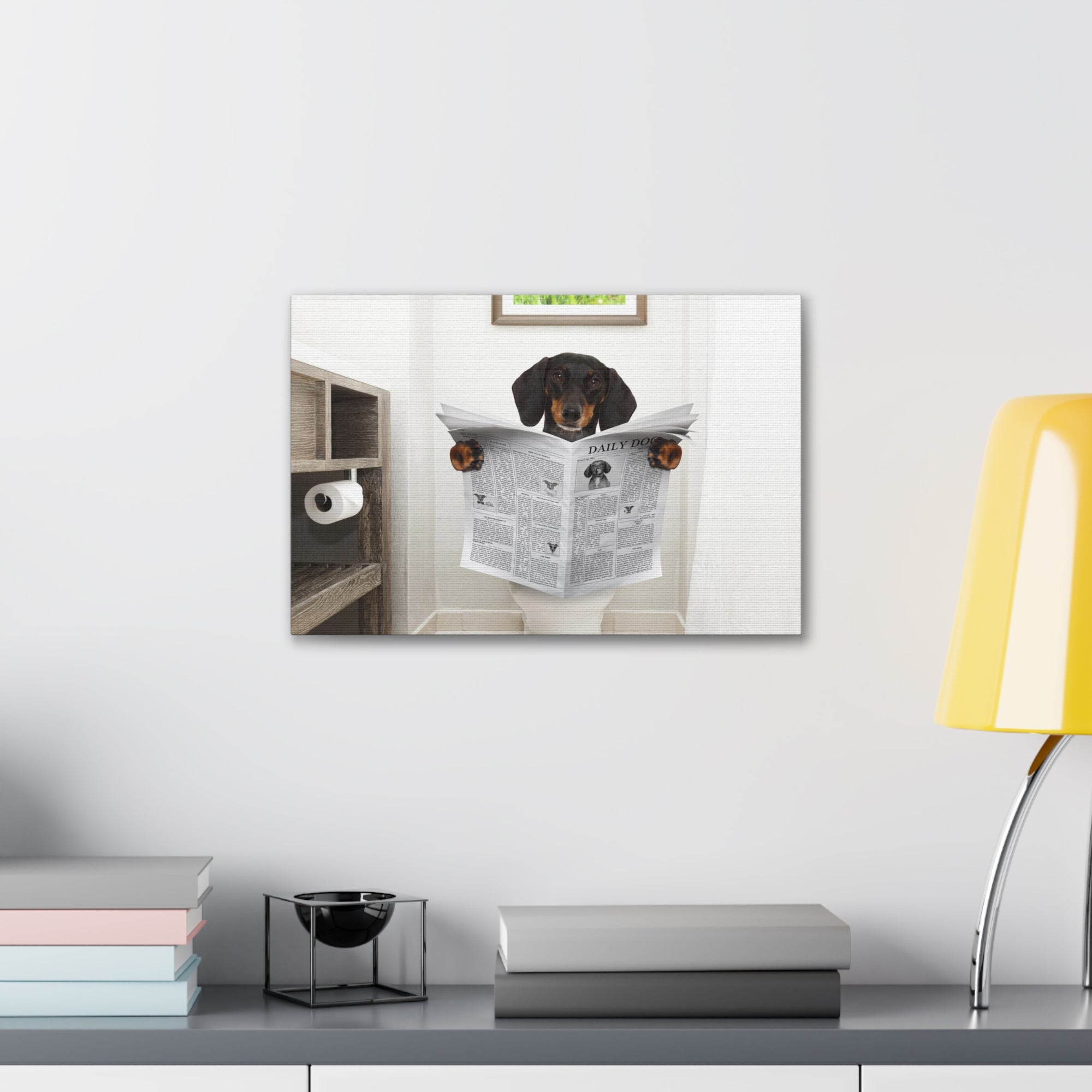 Dachshund Or Sausage Dog Reading Newspaper On Toilet Funny Canvas Wall Art for Home Decor Ready-to-Hand-Express Your Love Gifts