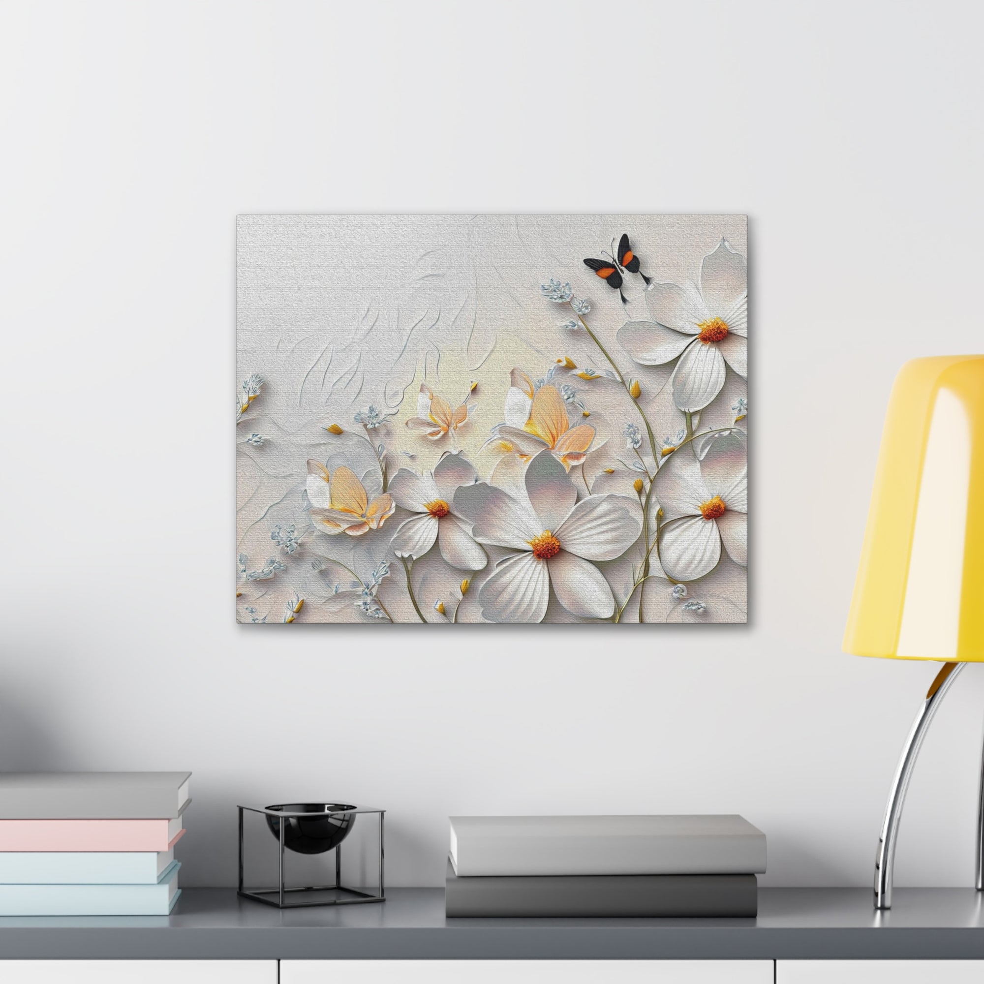 3D Abstract Small And Large White Flowers With Butterflies Oil Painting Canvas Wall Art for Home Decor Ready-to-Hang-Express Your Love Gifts