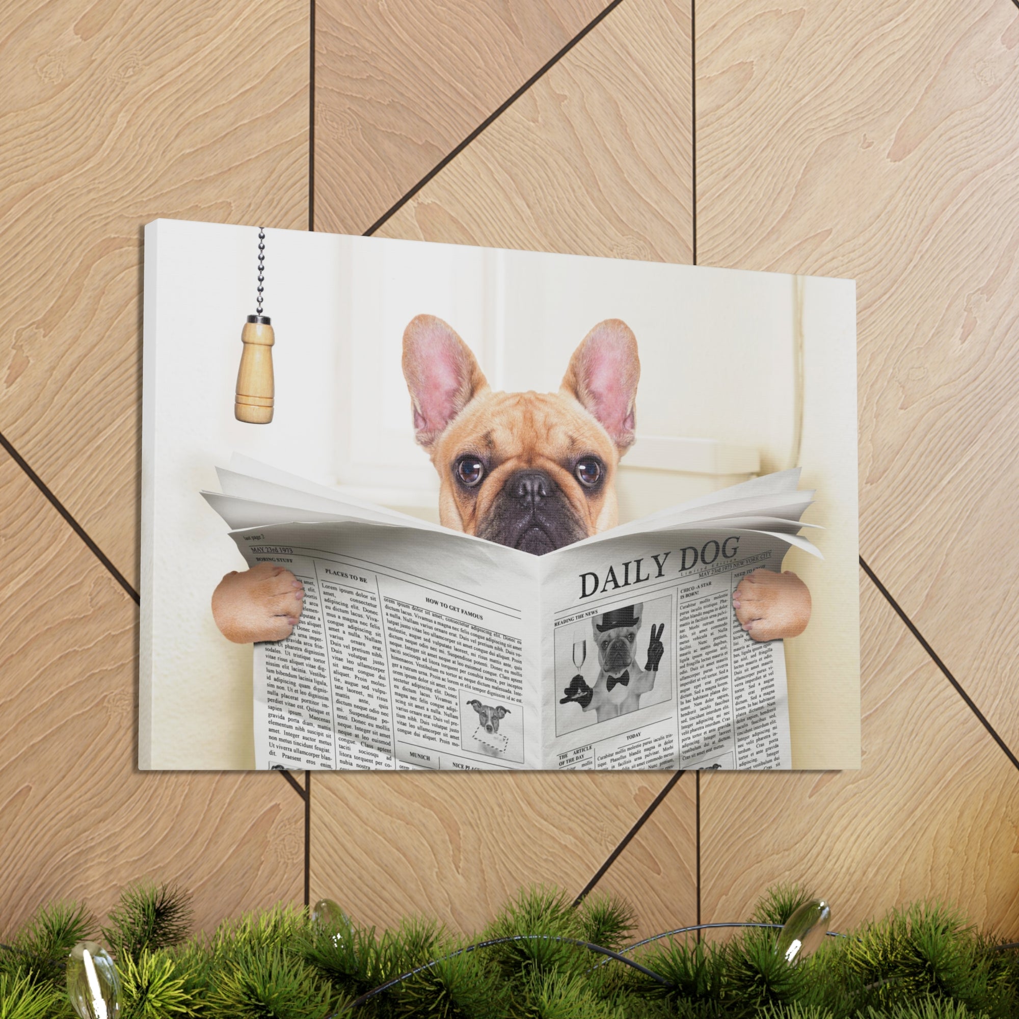 Fawn French Bulldog Reading Newspaper On Toilet Funny Canvas Wall Art for Home Decor Ready-to-Hand-Express Your Love Gifts