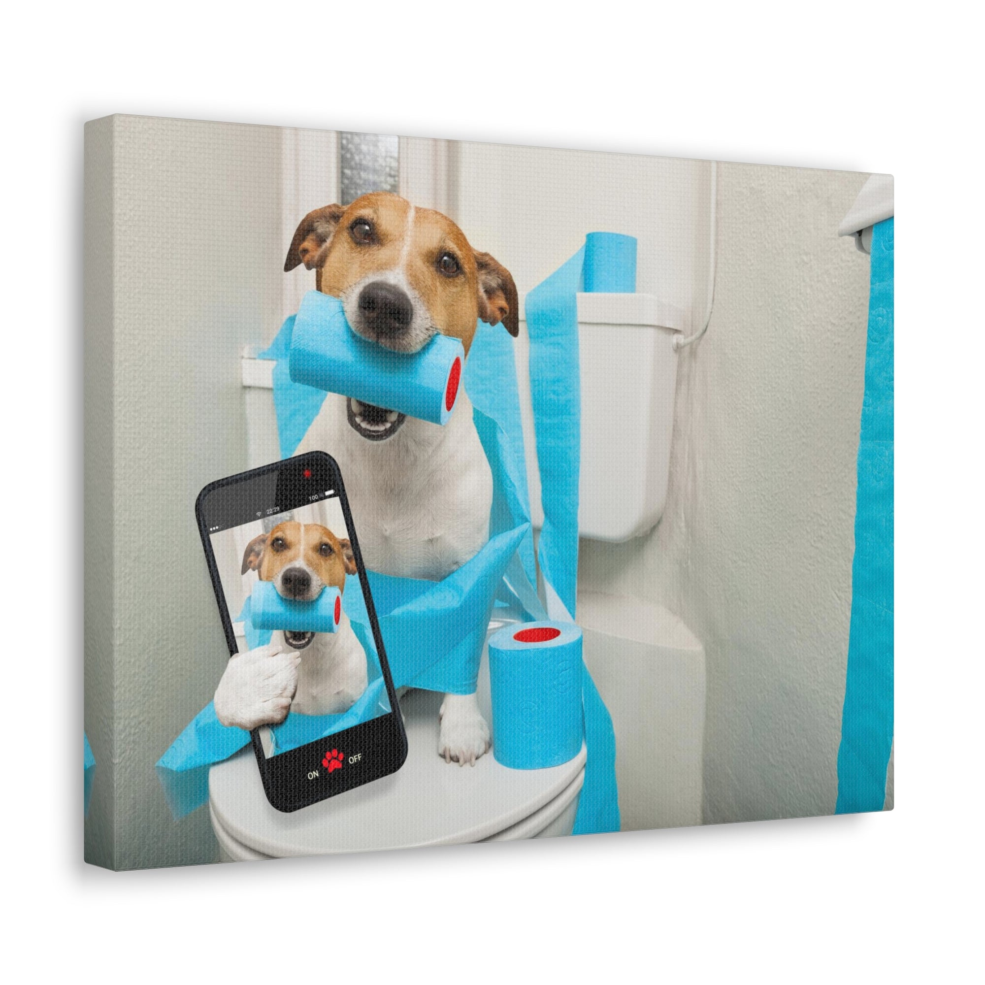 Jack Russell Terrier Holding Phone On Toilet Funny Canvas Wall Art for Home Decor Ready-to-Hand-Express Your Love Gifts