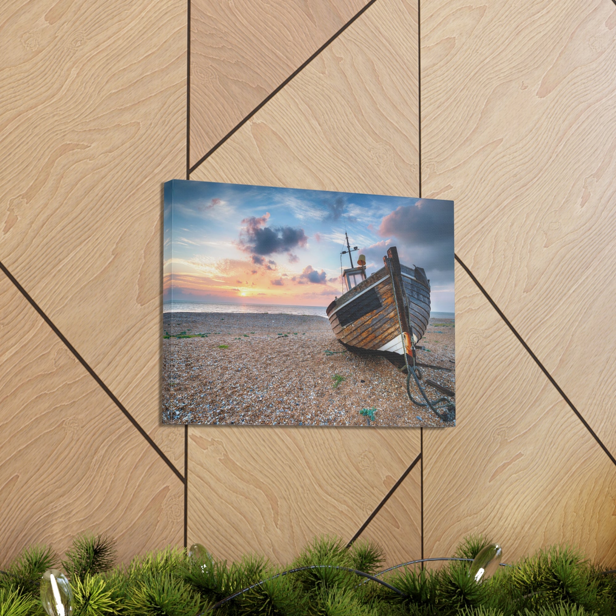 Beautiful Sunrise Wooden Fishing Boat Ocean Canvas Wall Art for Home Decor Ready-to-Hang-Express Your Love Gifts