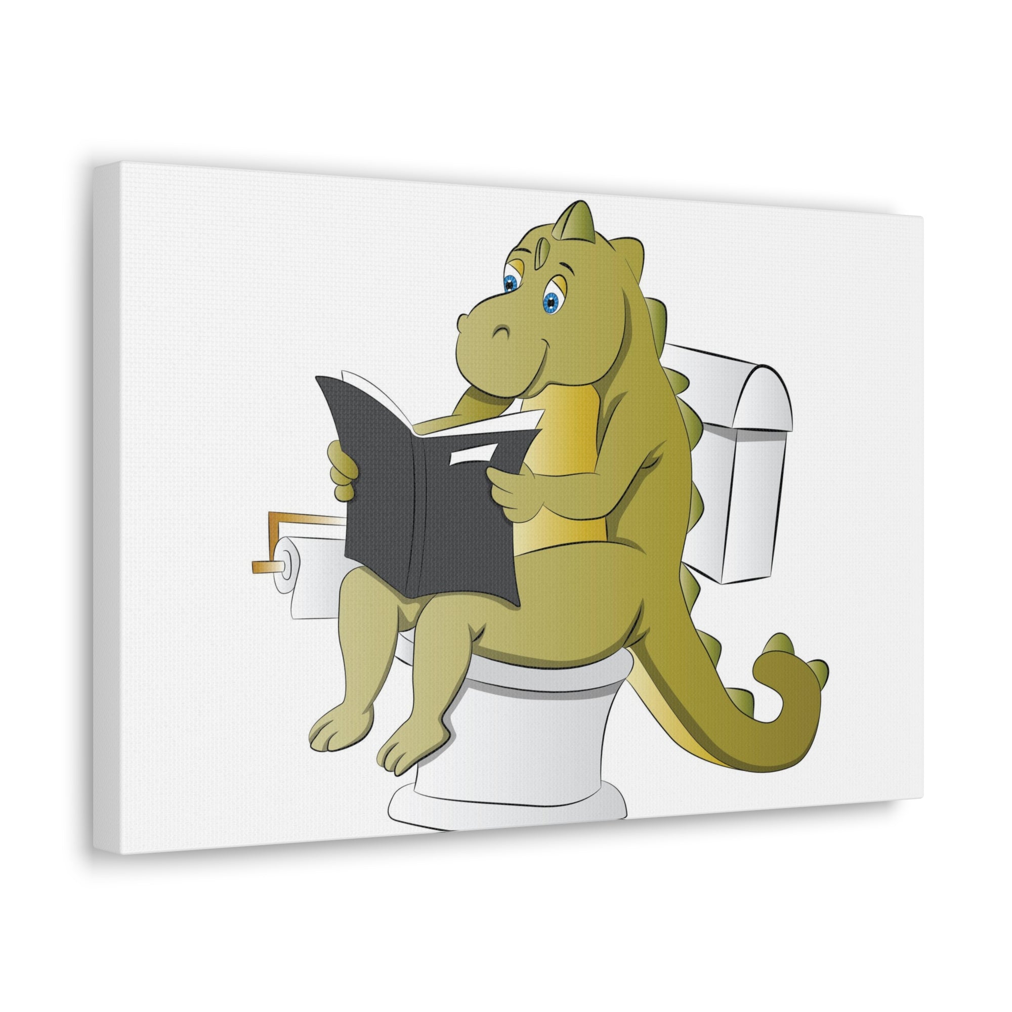 Dinosaur Sitting Reading Newspaper On Toilet Funny Canvas Wall Art for Home Decor Ready-to-Hand-Express Your Love Gifts