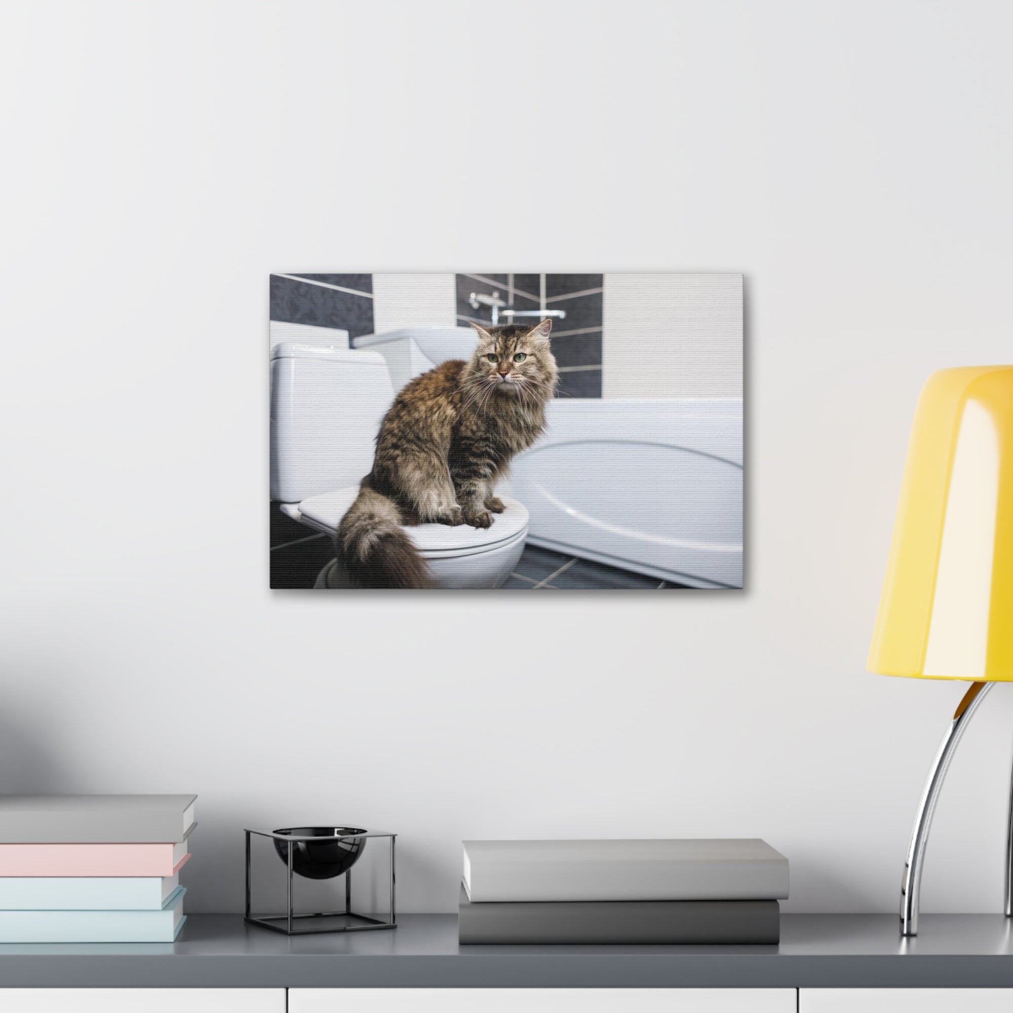 Cute Cat Sitting On Toilet Funny Canvas Wall Art for Home Decor Ready-to-Hand-Express Your Love Gifts