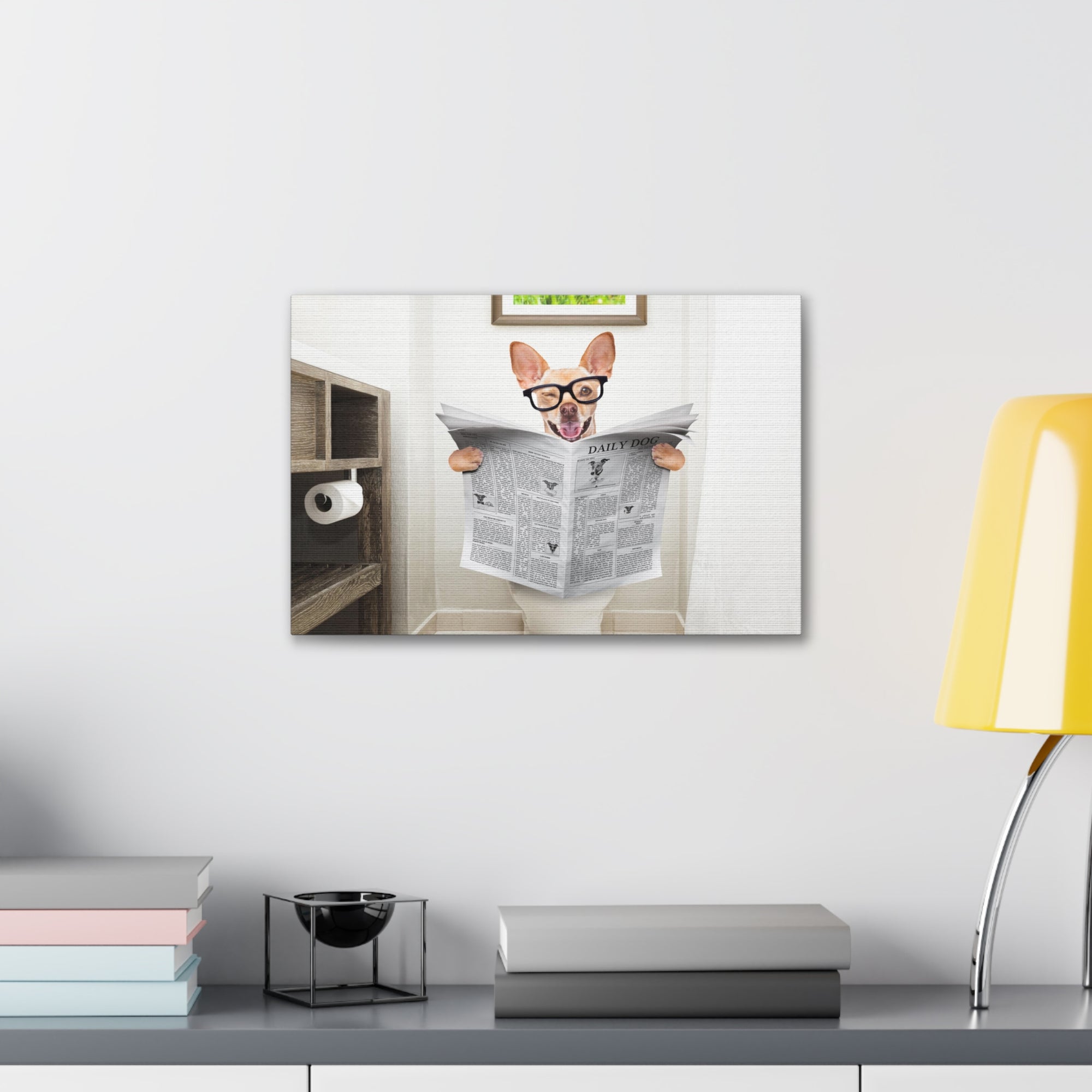 Funny Chihuahua Reading Newspaper On Toilet Funny Canvas Wall Art for Home Decor Ready-to-Hand-Express Your Love Gifts