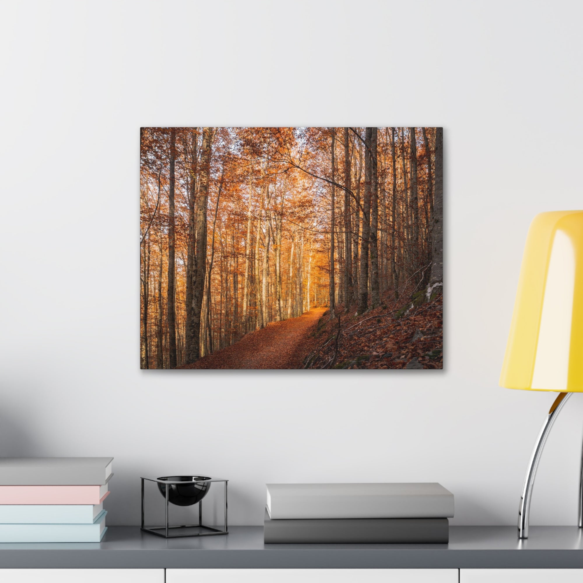 Autumn Forest Tree Trail With Yellow Leaves Nature Wilderness Photography Canvas Wall Art for Home Decor Ready-to-Hang-Express Your Love Gifts