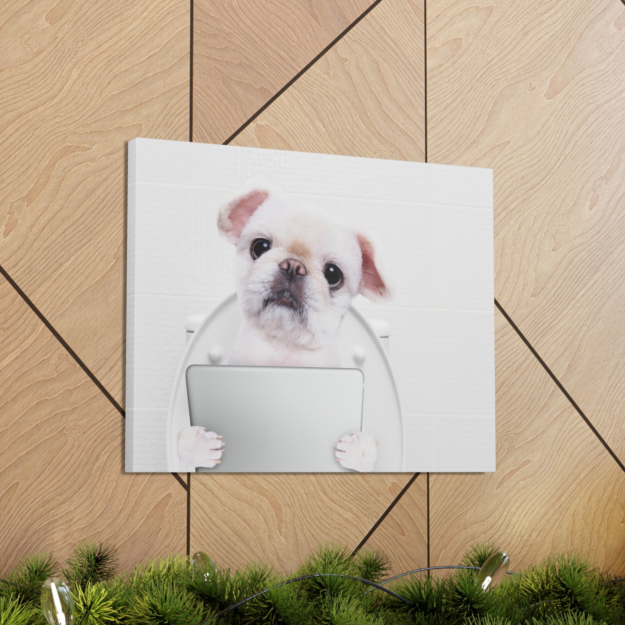 Cute Dog Holding Tablet PC Sitting On Toilet Funny Canvas Wall Art for Home Decor Ready-to-Hand-Express Your Love Gifts