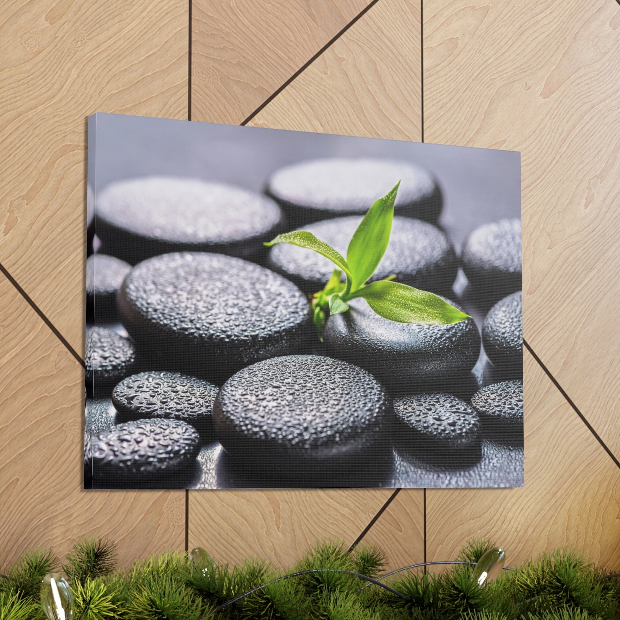 Bamboo on Zen Stones Forest Floral Nature Photography Canvas Wall Art for Home Decor Ready-to-Hang-Express Your Love Gifts