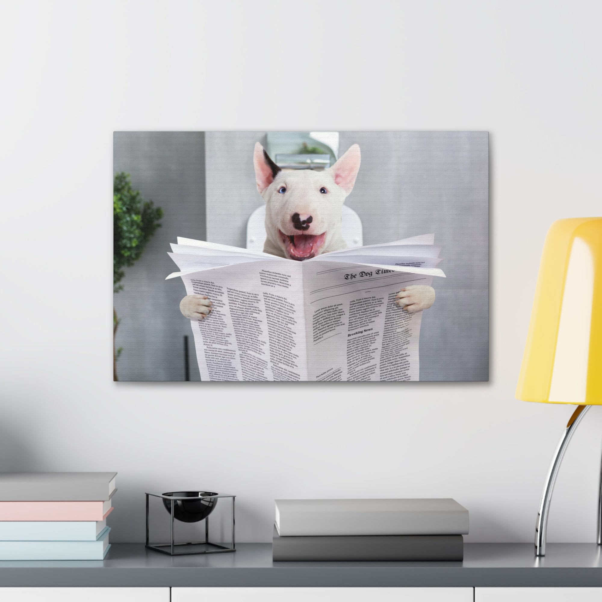 Smiling Bullterrier Reading Newspaper On Toilet Funny Canvas Wall Art for Home Decor Ready-to-Hand-Express Your Love Gifts