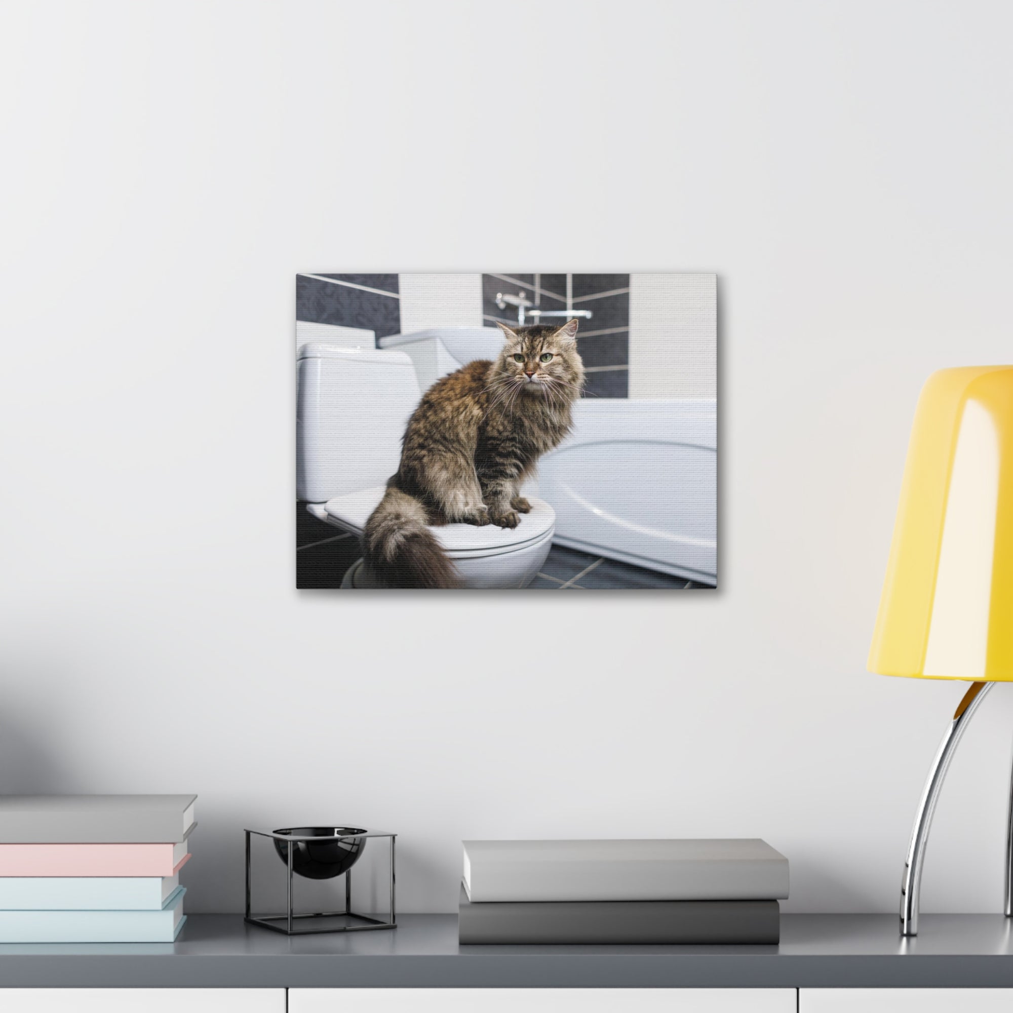 Cute Cat Sitting On Toilet Funny Canvas Wall Art for Home Decor Ready-to-Hand-Express Your Love Gifts