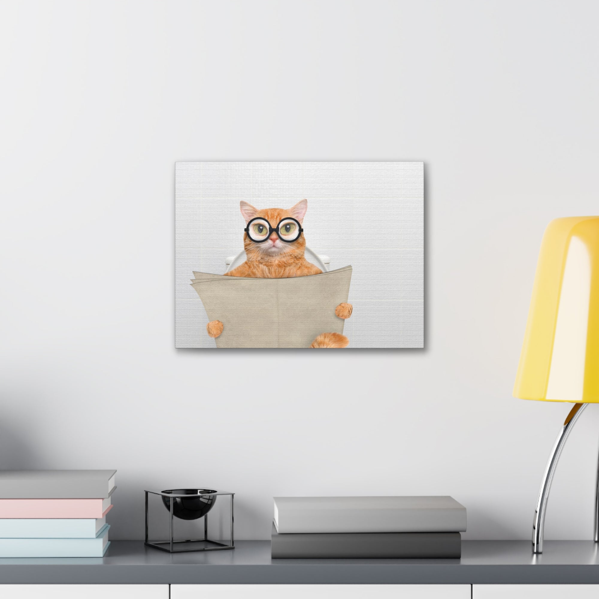 Cat Wearing Glasses Reading Newspaper On Toilet Funny Canvas Wall Art for Home Decor Ready-to-Hand-Express Your Love Gifts