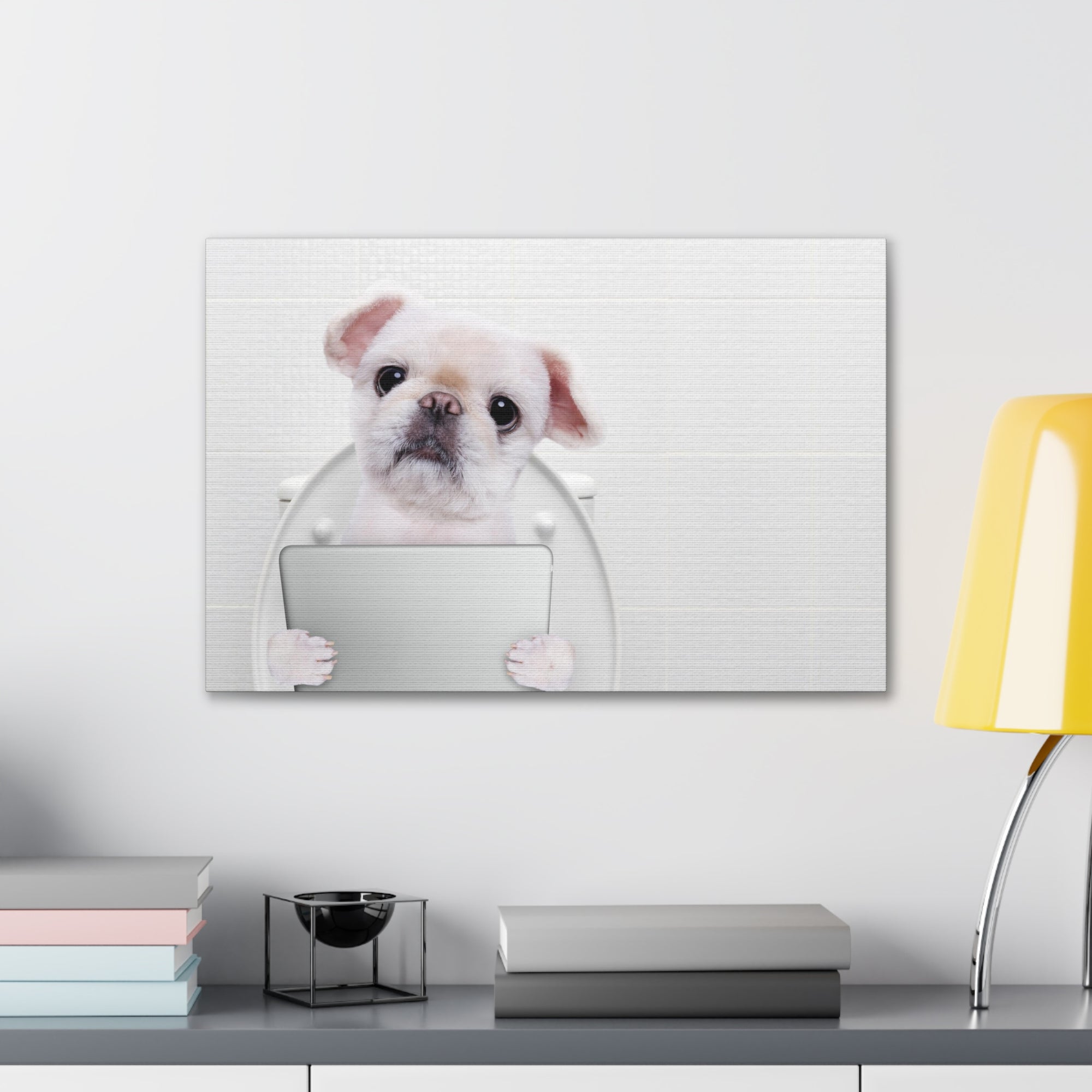 Cute Dog Holding Tablet PC Sitting On Toilet Funny Canvas Wall Art for Home Decor Ready-to-Hand-Express Your Love Gifts