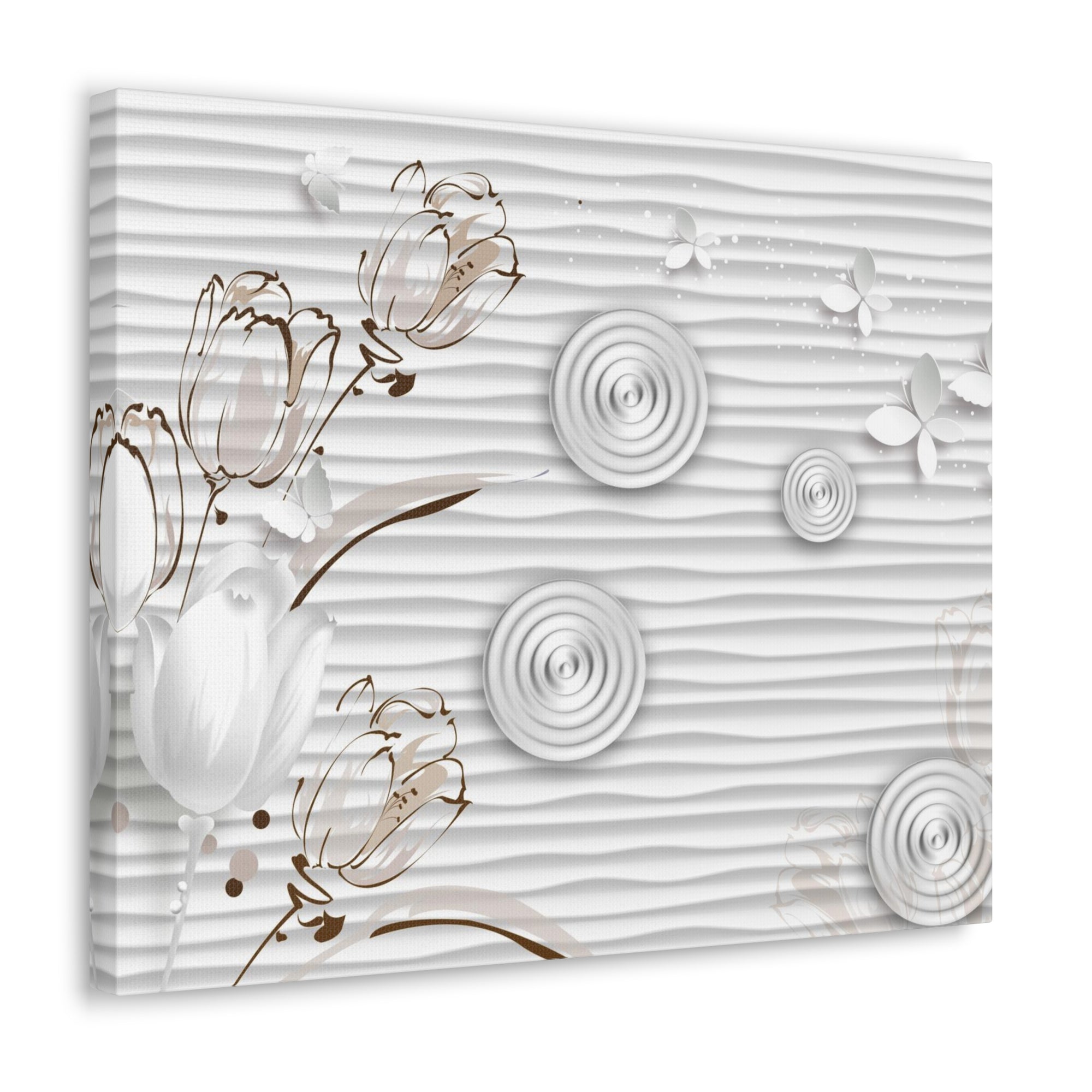 3D White And Beige Tulips White Paper Butterflies Flower Canvas Wall Art for Home Decor Ready-to-Hang-Express Your Love Gifts